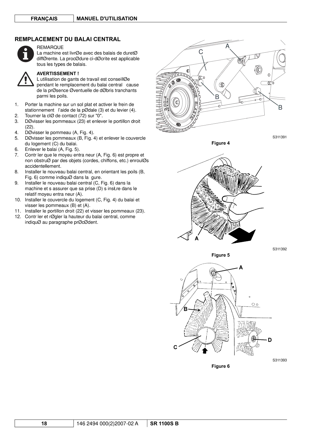 Nilfisk-Advance America SR 1100S B manual Remplacement DU Balai Central 