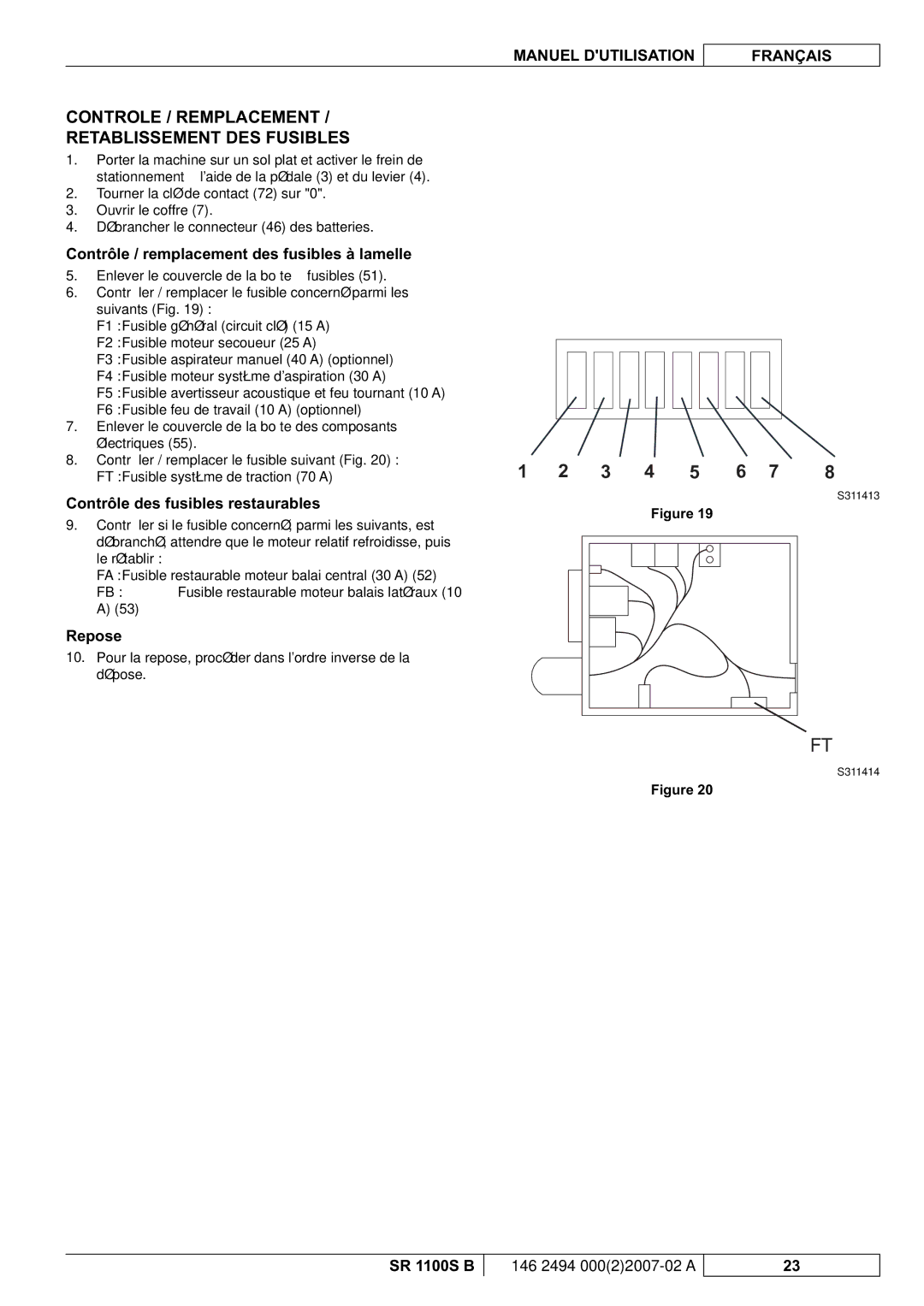 Nilfisk-Advance America SR 1100S B Controle / Remplacement Retablissement DES Fusibles, Contrôle des fusibles restaurables 