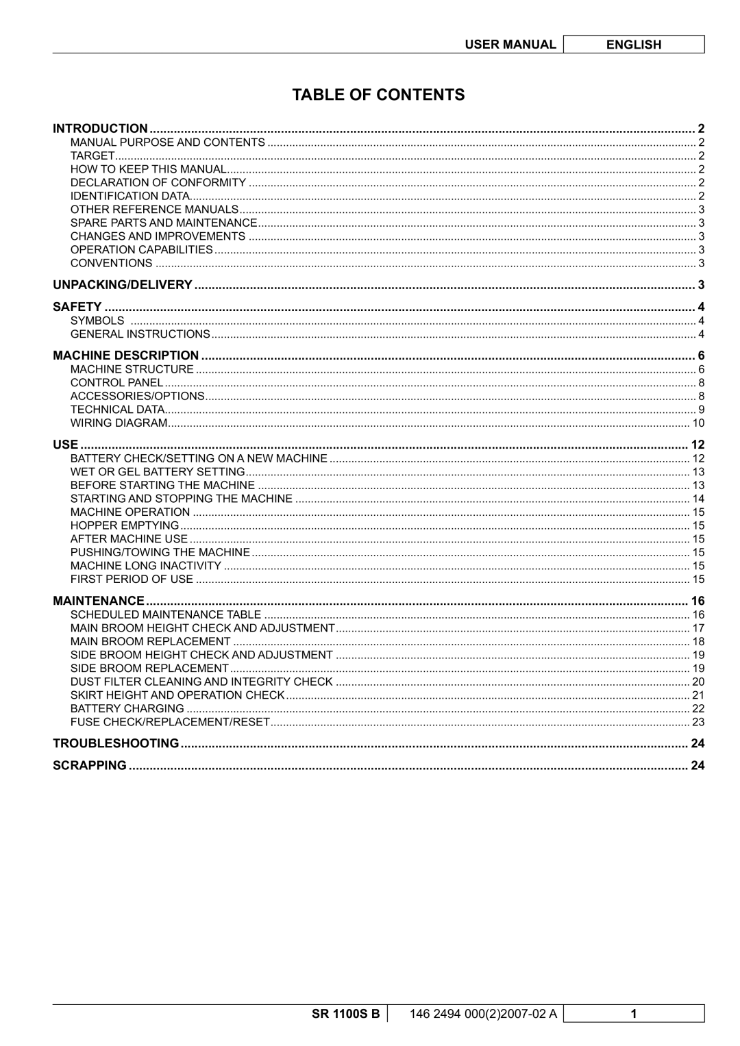 Nilfisk-Advance America SR 1100S B manual Table of Contents 