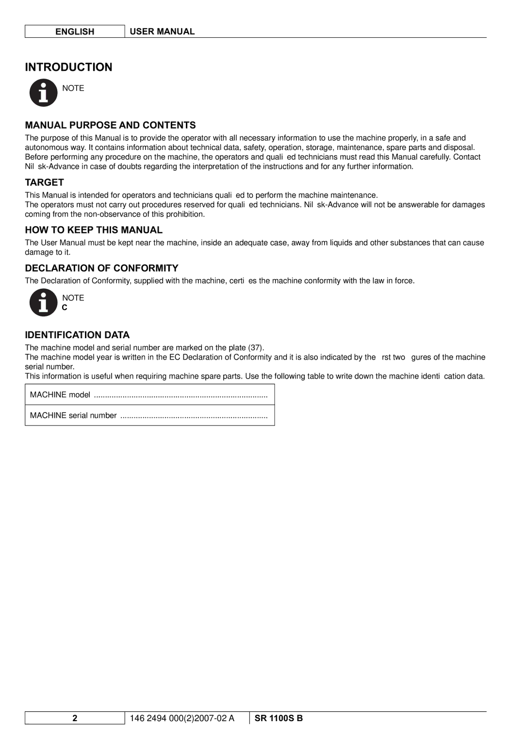 Nilfisk-Advance America SR 1100S B Manual Purpose and Contents, Target, HOW to Keep this Manual Declaration of Conformity 