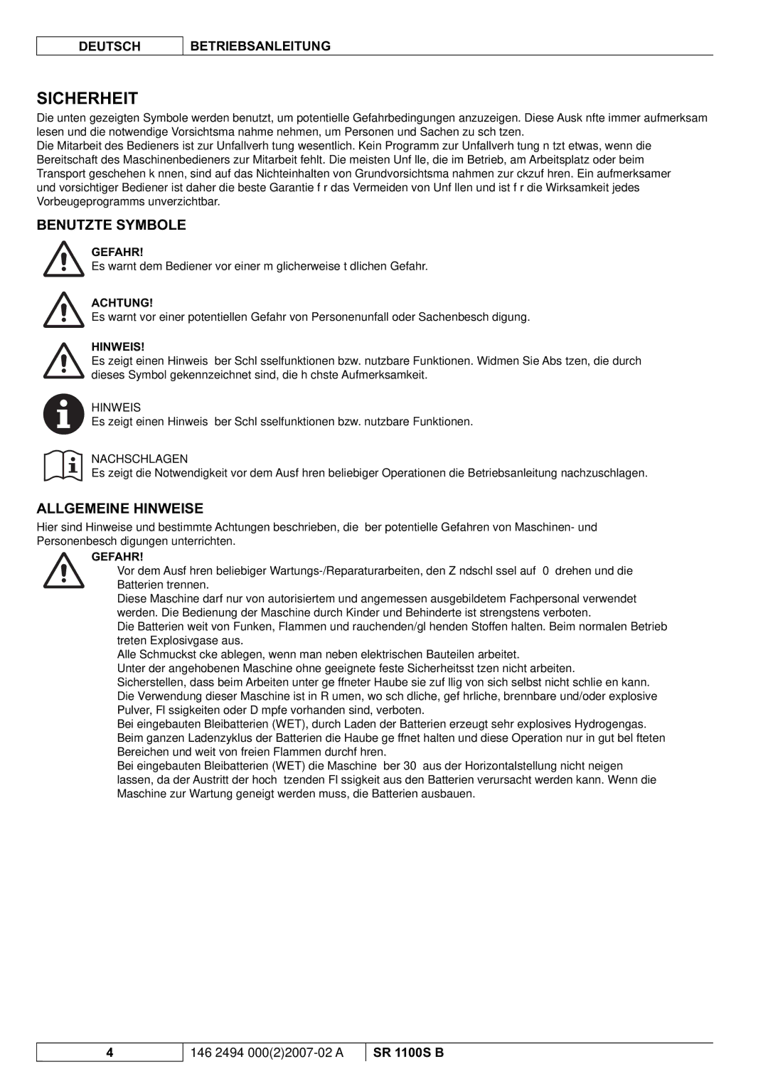 Nilfisk-Advance America SR 1100S B manual Sicherheit, Benutzte Symbole, Allgemeine Hinweise 