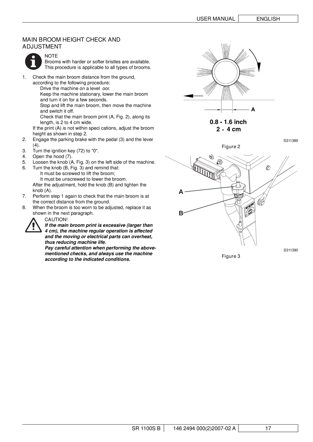 Nilfisk-Advance America SR 1100S B manual Main Broom Height Check Adjustment 