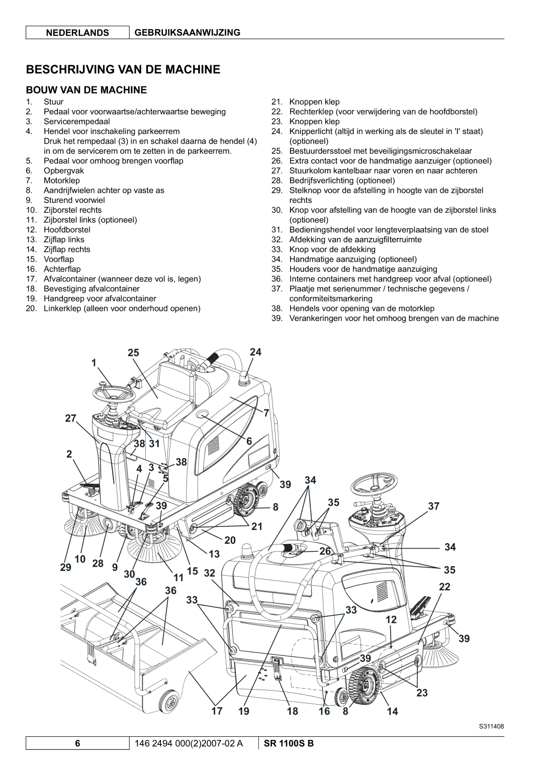 Nilfisk-Advance America SR 1100S B manual Beschrijving VAN DE Machine, Bouw VAN DE Machine 