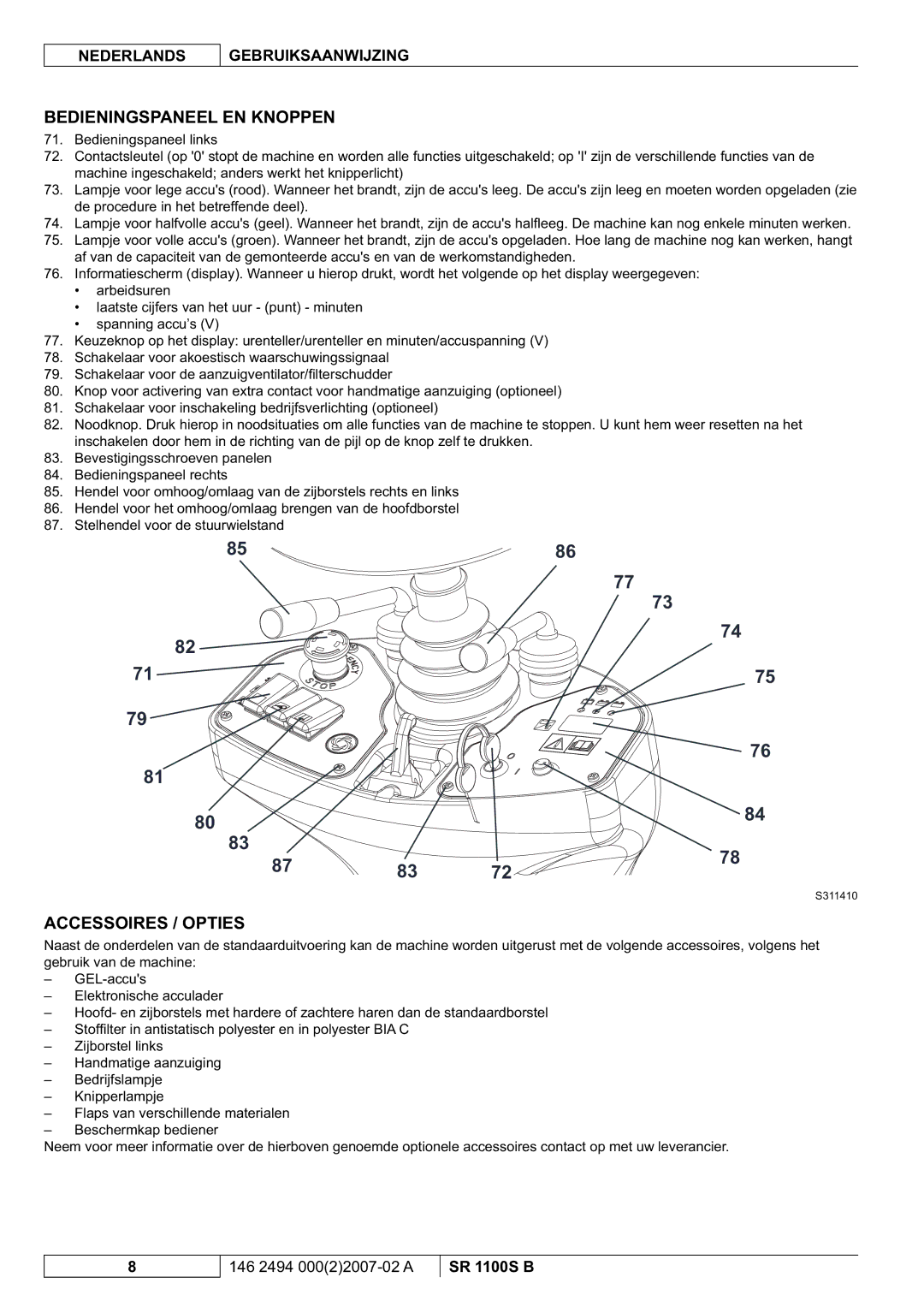 Nilfisk-Advance America SR 1100S B manual Bedieningspaneel EN Knoppen, Accessoires / Opties 