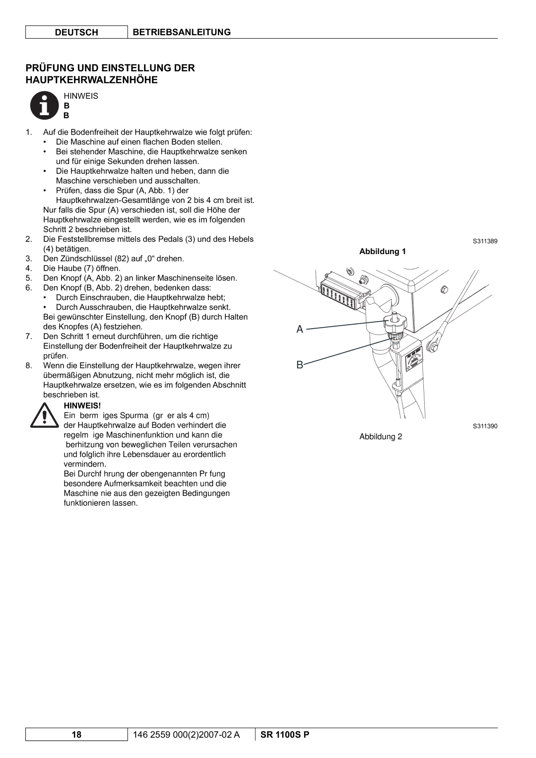 Nilfisk-Advance America SR 1100S manuel dutilisation Prüfung UND Einstellung DER Hauptkehrwalzenhöhe 