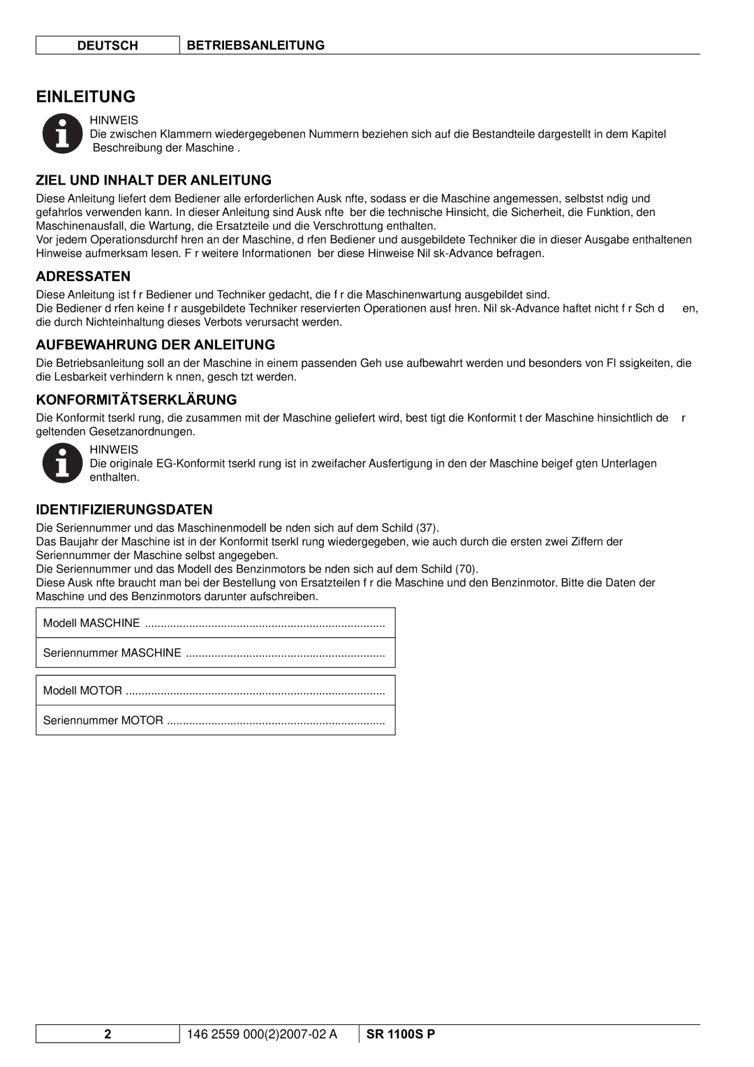 Nilfisk-Advance America SR 1100S manuel dutilisation Einleitung 