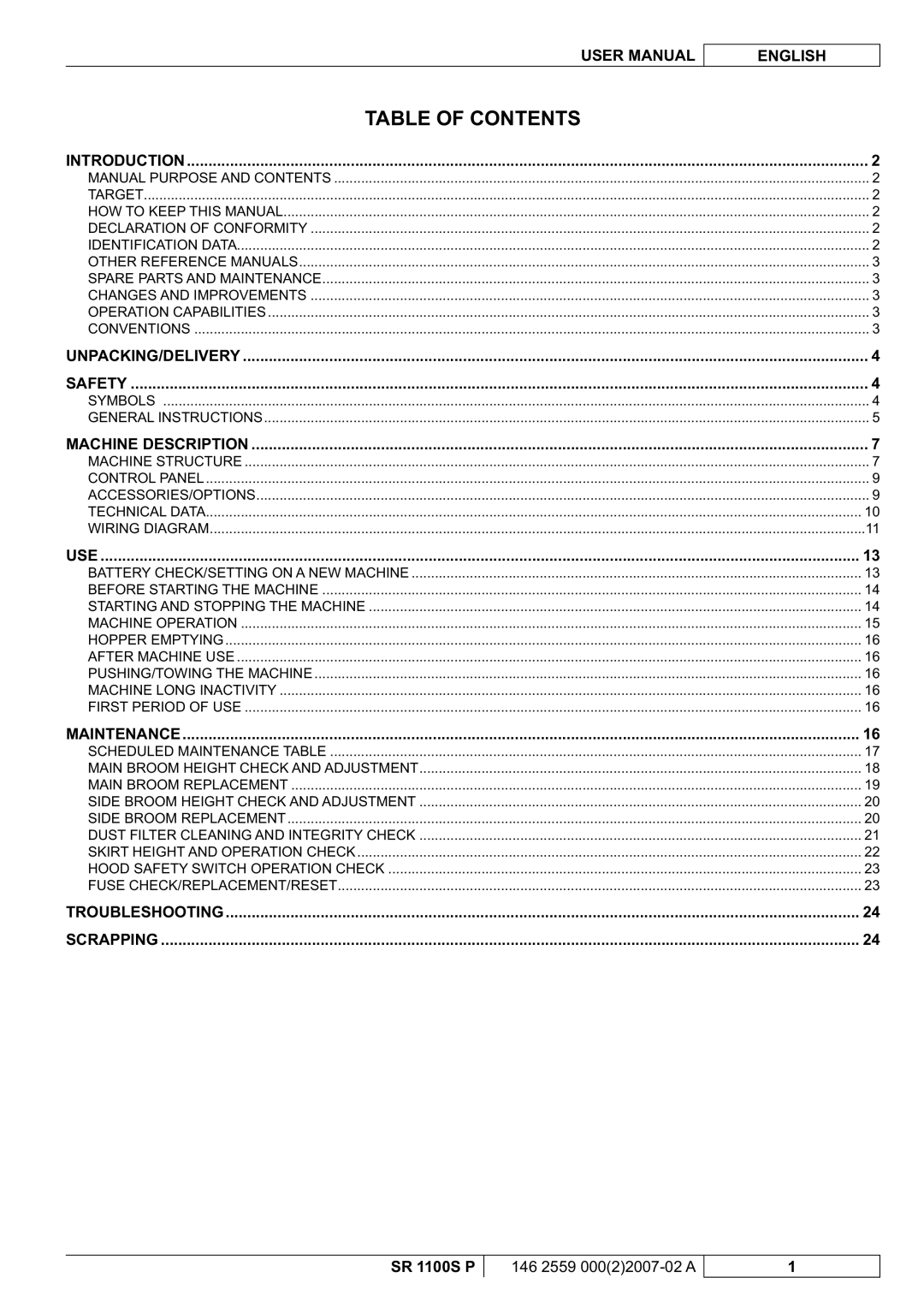 Nilfisk-Advance America SR 1100S manuel dutilisation Table of Contents 