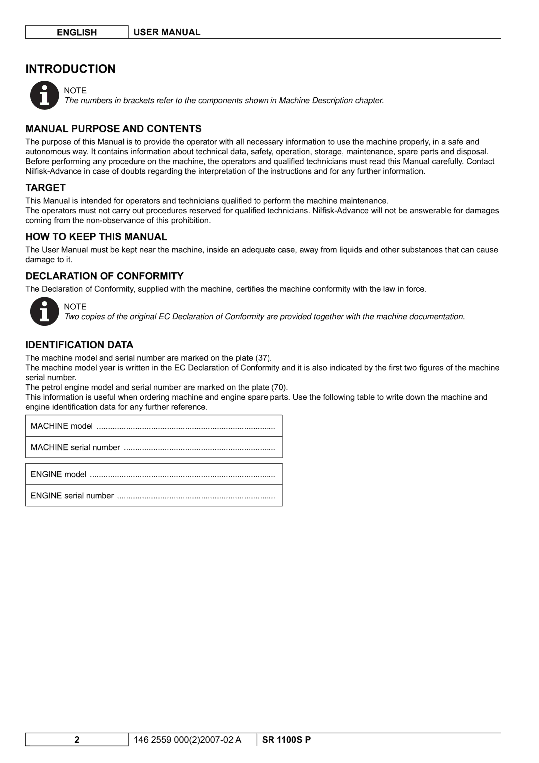 Nilfisk-Advance America SR 1100S Manual Purpose and Contents, Target, HOW to Keep this Manual Declaration of Conformity 