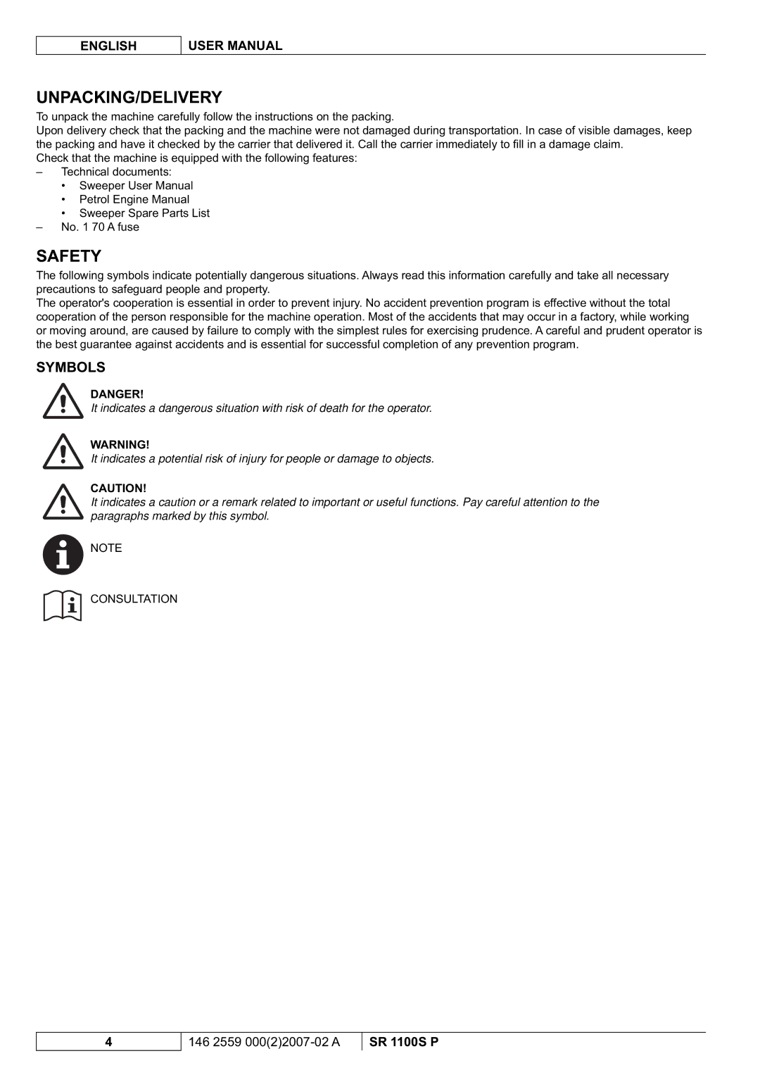 Nilfisk-Advance America SR 1100S manuel dutilisation Unpacking/Delivery, Safety, Symbols 