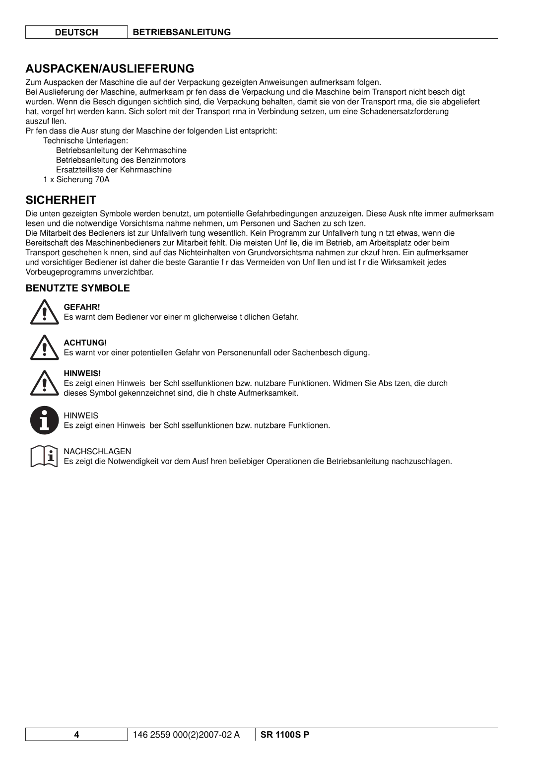 Nilfisk-Advance America SR 1100S manuel dutilisation Auspacken/Auslieferung, Sicherheit, Benutzte Symbole 