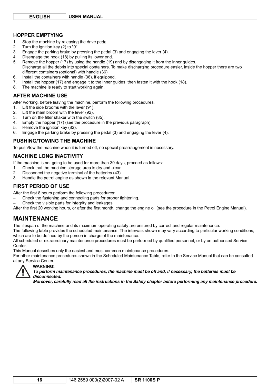 Nilfisk-Advance America SR 1100S manuel dutilisation Maintenance 