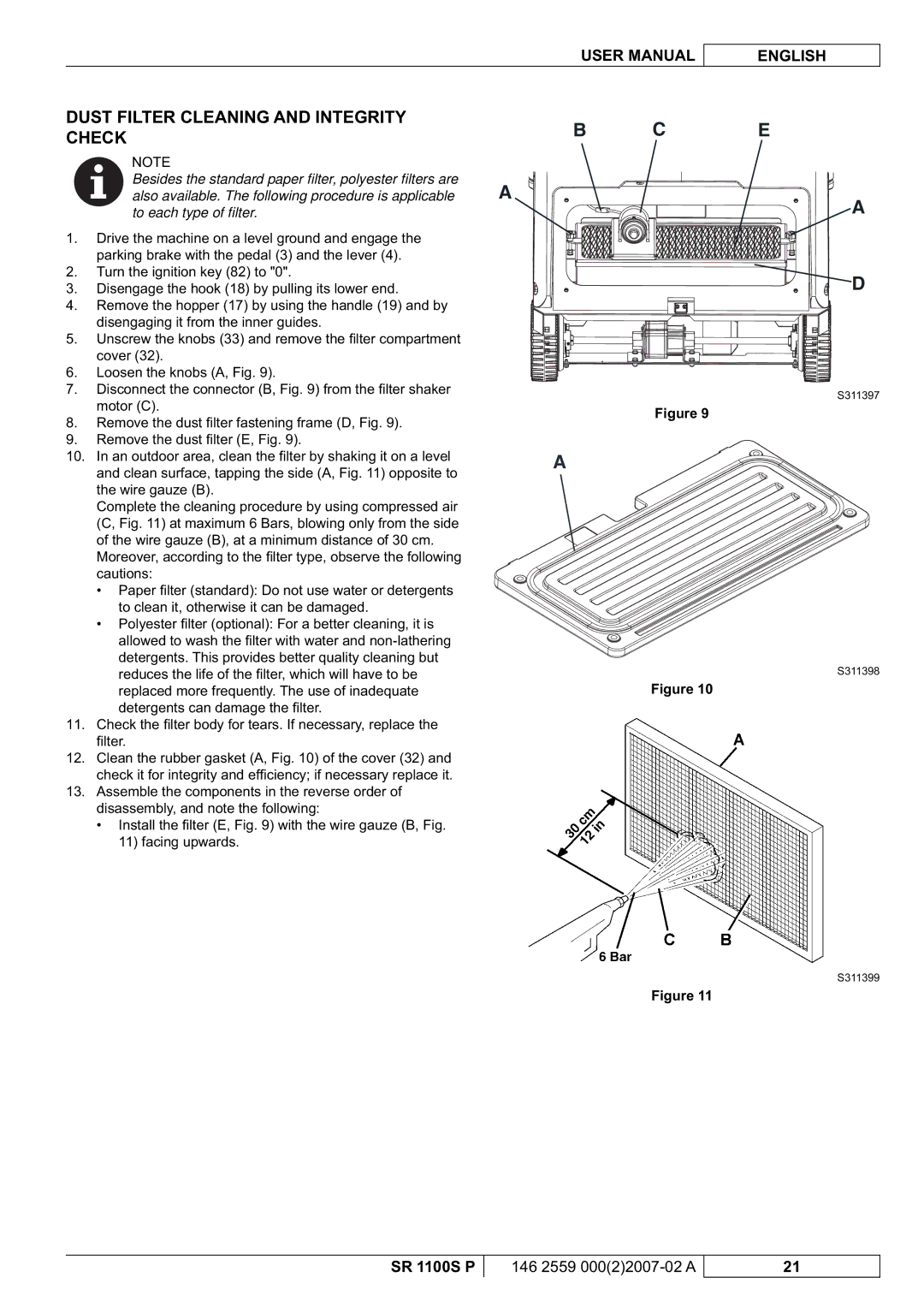 Nilfisk-Advance America SR 1100S manuel dutilisation Dust Filter Cleaning and Integrity Check 