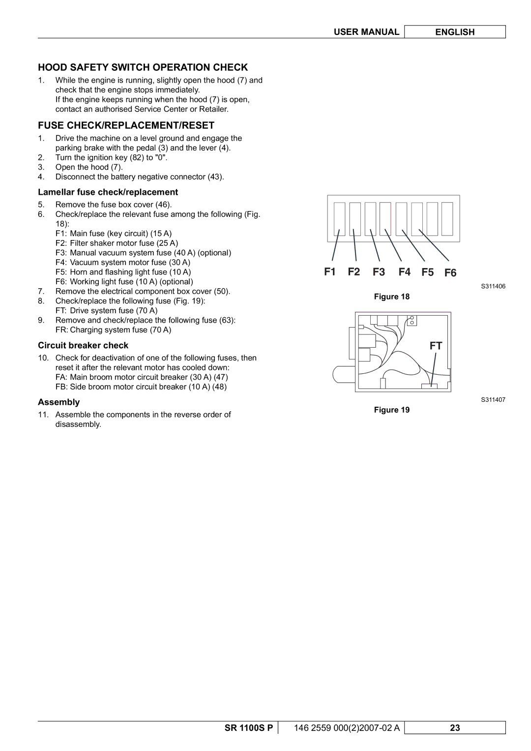 Nilfisk-Advance America SR 1100S Hood Safety Switch Operation Check, Fuse CHECK/REPLACEMENT/RESET, Circuit breaker check 