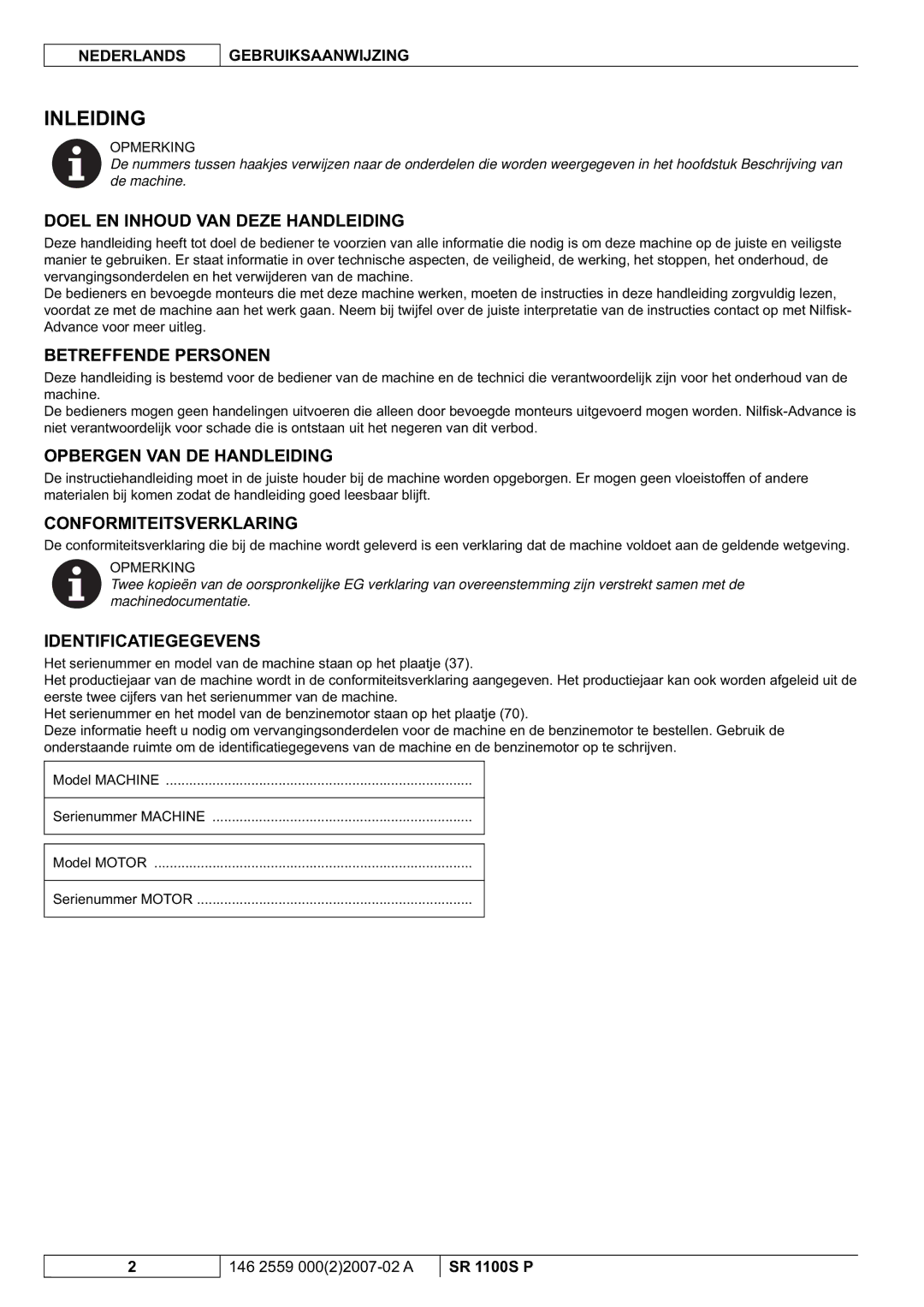 Nilfisk-Advance America SR 1100S manuel dutilisation Inleiding 