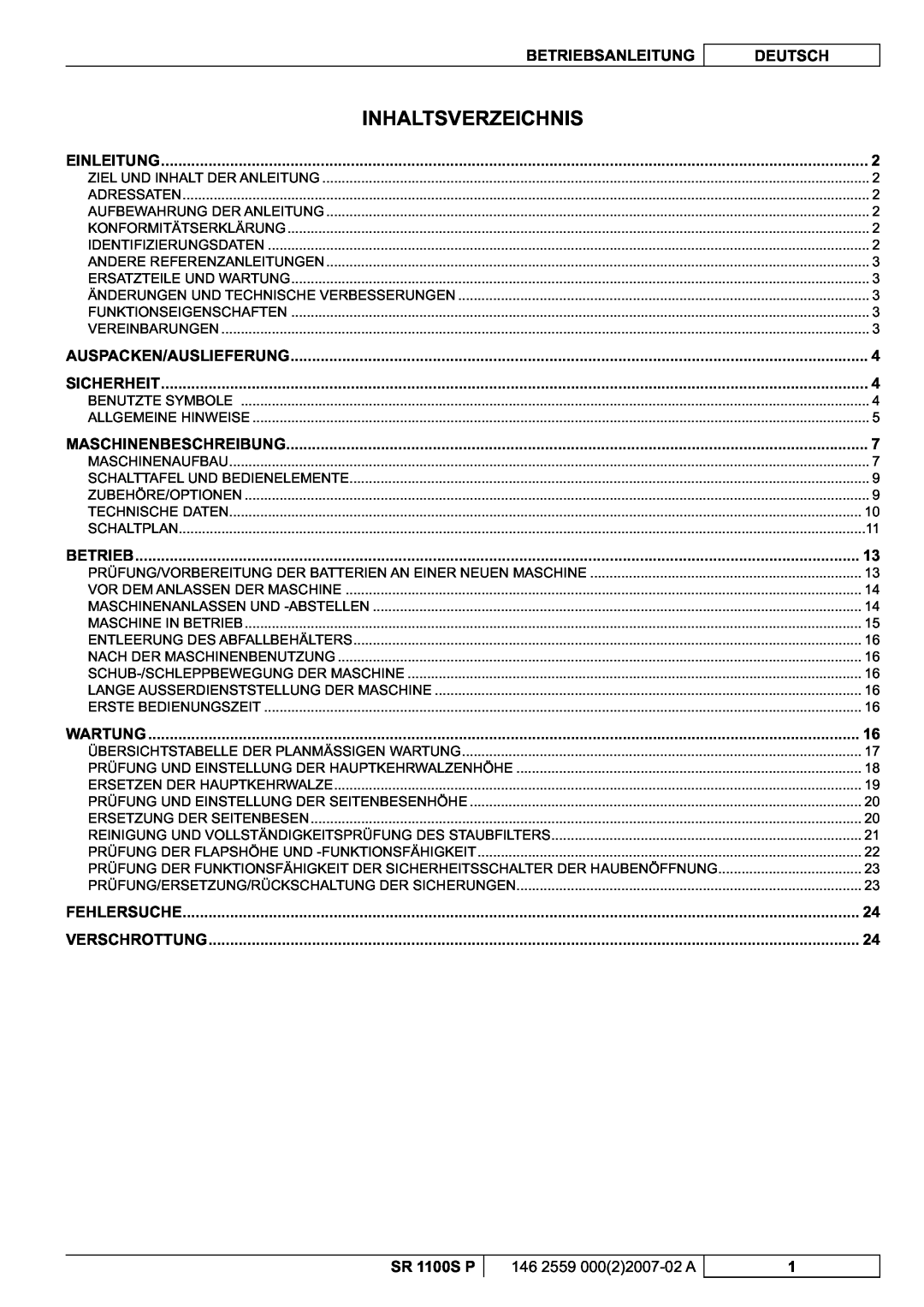 Nilfisk-Advance America manuel dutilisation Inhaltsverzeichnis, Betriebsanleitung, Deutsch, SR 1100S P 