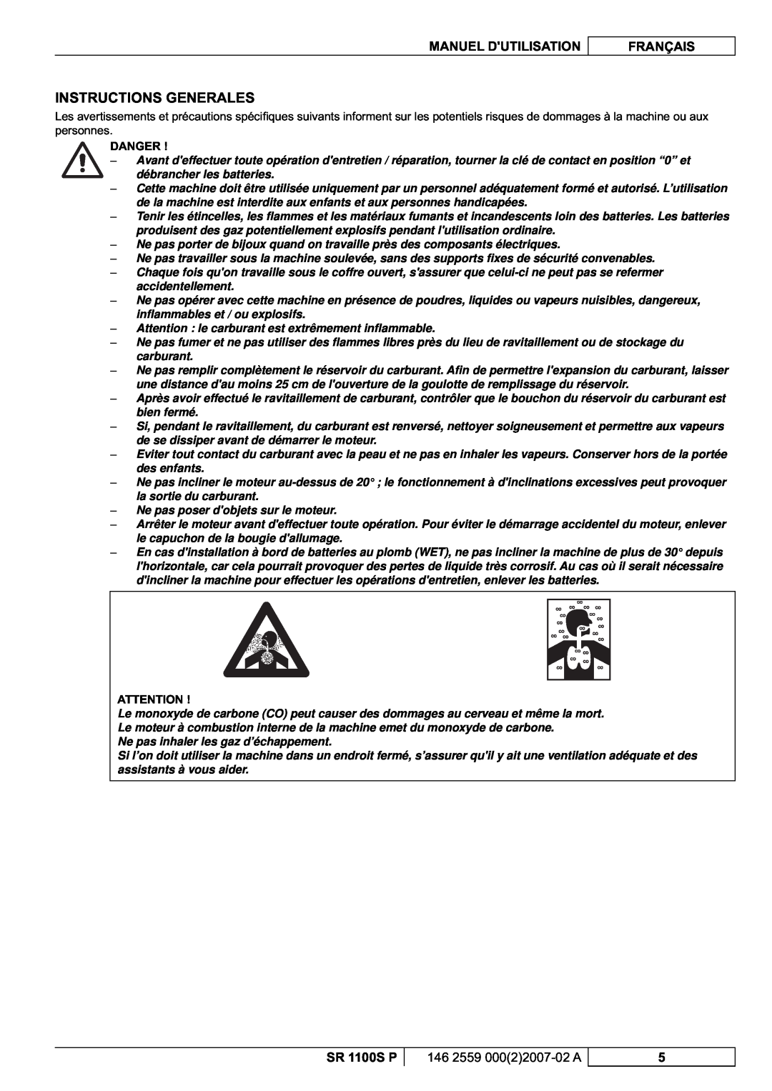 Nilfisk-Advance America Instructions Generales, Manuel Dutilisation, Français, SR 1100S P, 146 2559 00022007-02A 