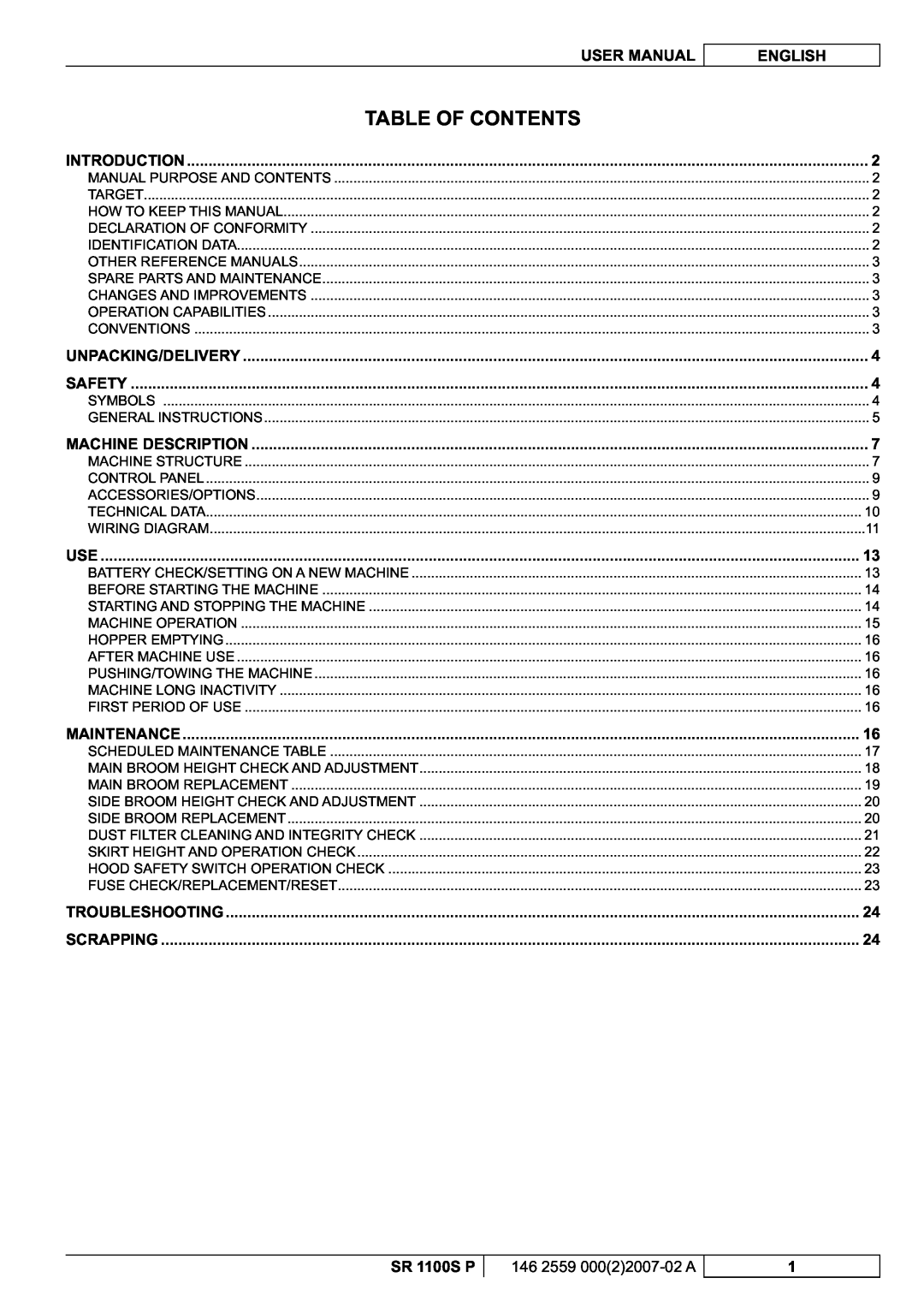 Nilfisk-Advance America manuel dutilisation Table Of Contents, User Manual, English, SR 1100S P 