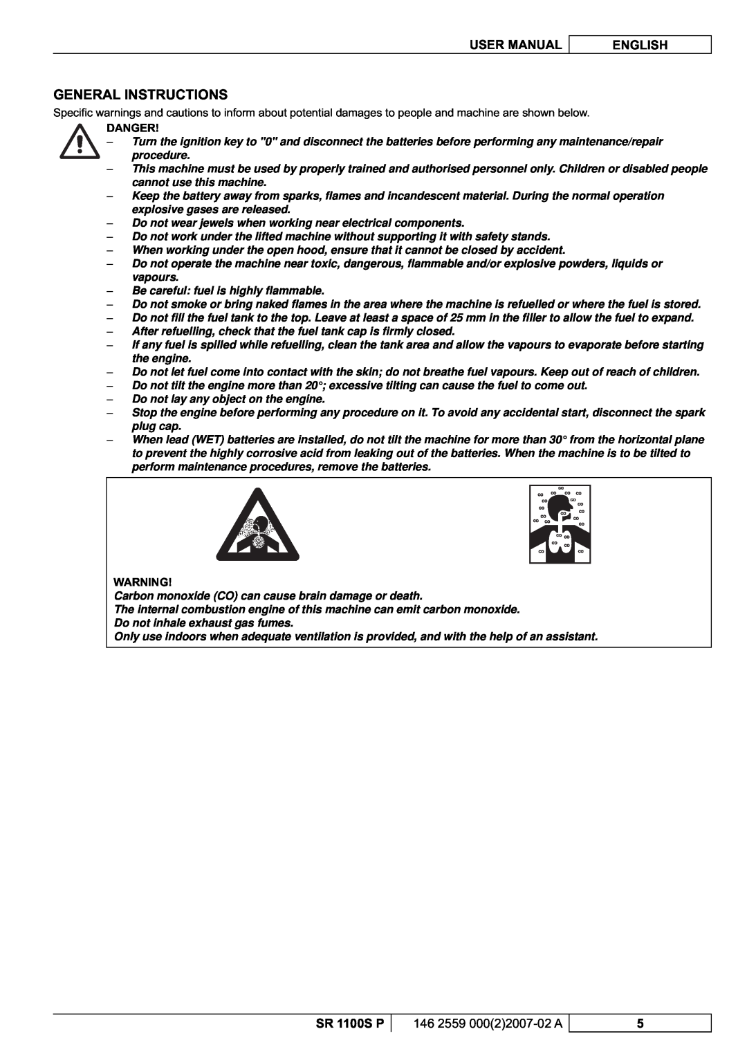 Nilfisk-Advance America General Instructions, User Manual, English, SR 1100S P, 146 2559 00022007-02A, Danger 