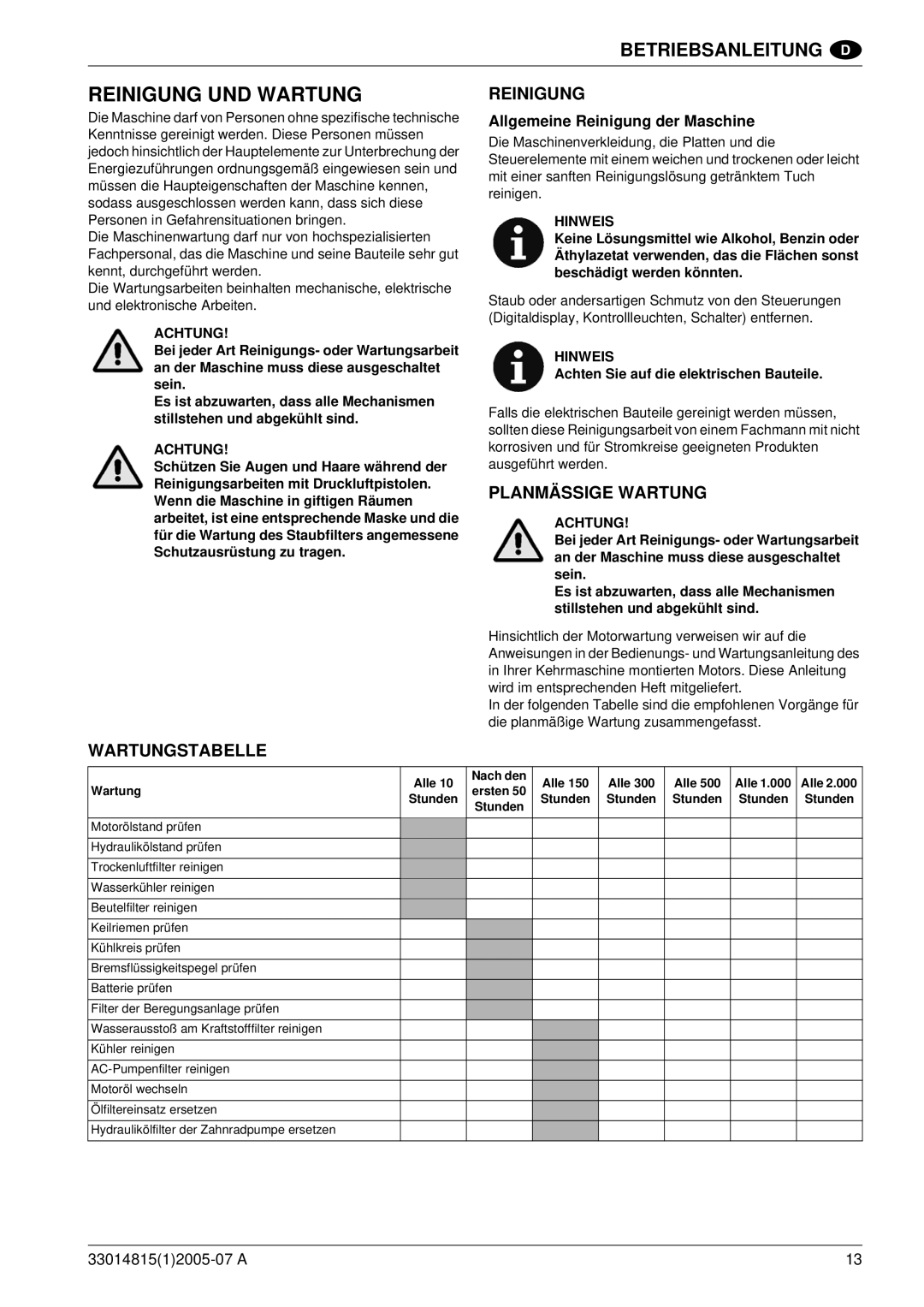 Nilfisk-Advance America SR 1700D 2W D Reinigung UND Wartung, Wartungstabelle Reinigung, Planmässige Wartung 