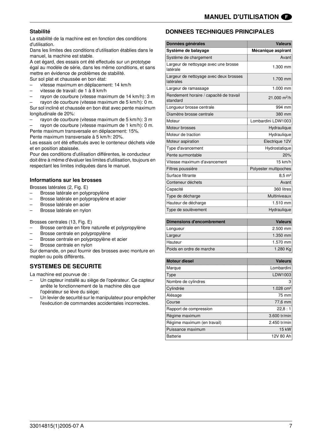 Nilfisk-Advance America SR 1700D 2W D manuel dutilisation Systemes DE Securite, Donnees Techniques Principales, Stabilité 