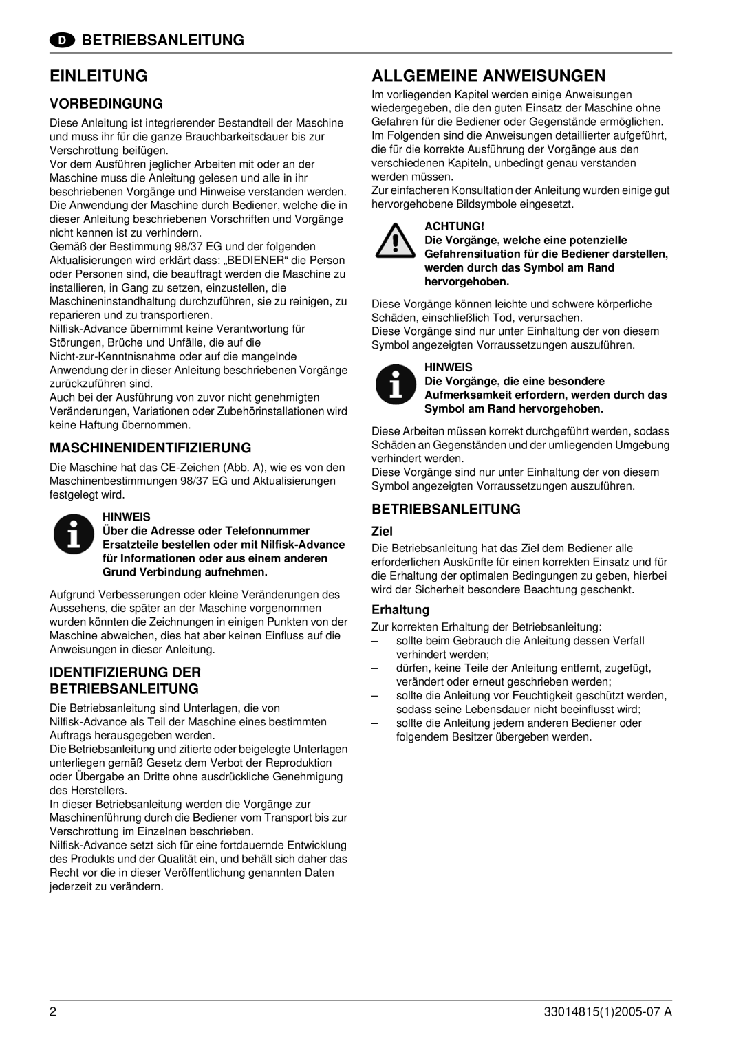 Nilfisk-Advance America SR 1700D 2W D Einleitung, Allgemeine Anweisungen, Vorbedingung, Maschinenidentifizierung 