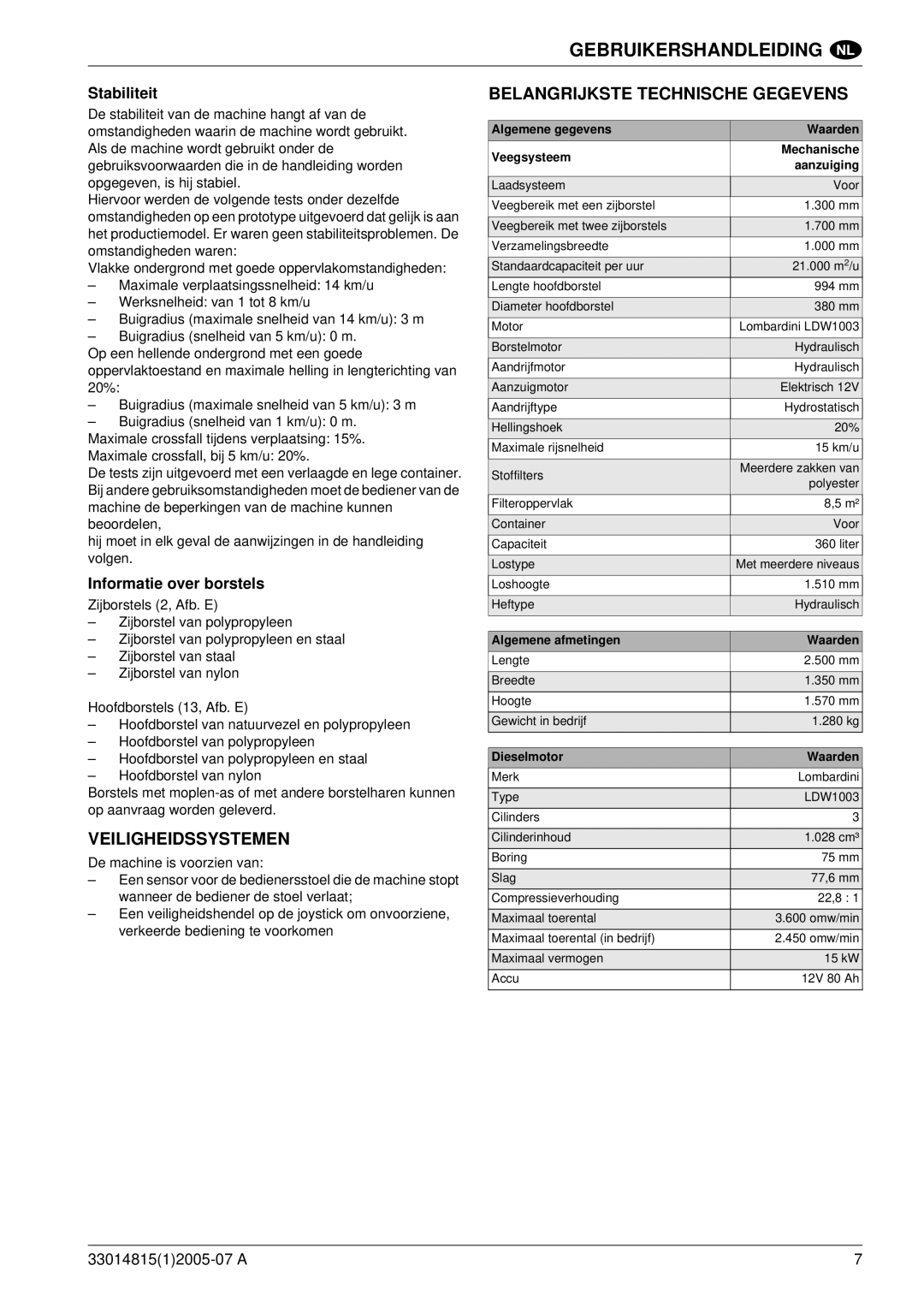 Nilfisk-Advance America SR 1700D 2W D Veiligheidssystemen, Belangrijkste Technische Gegevens, Stabiliteit 