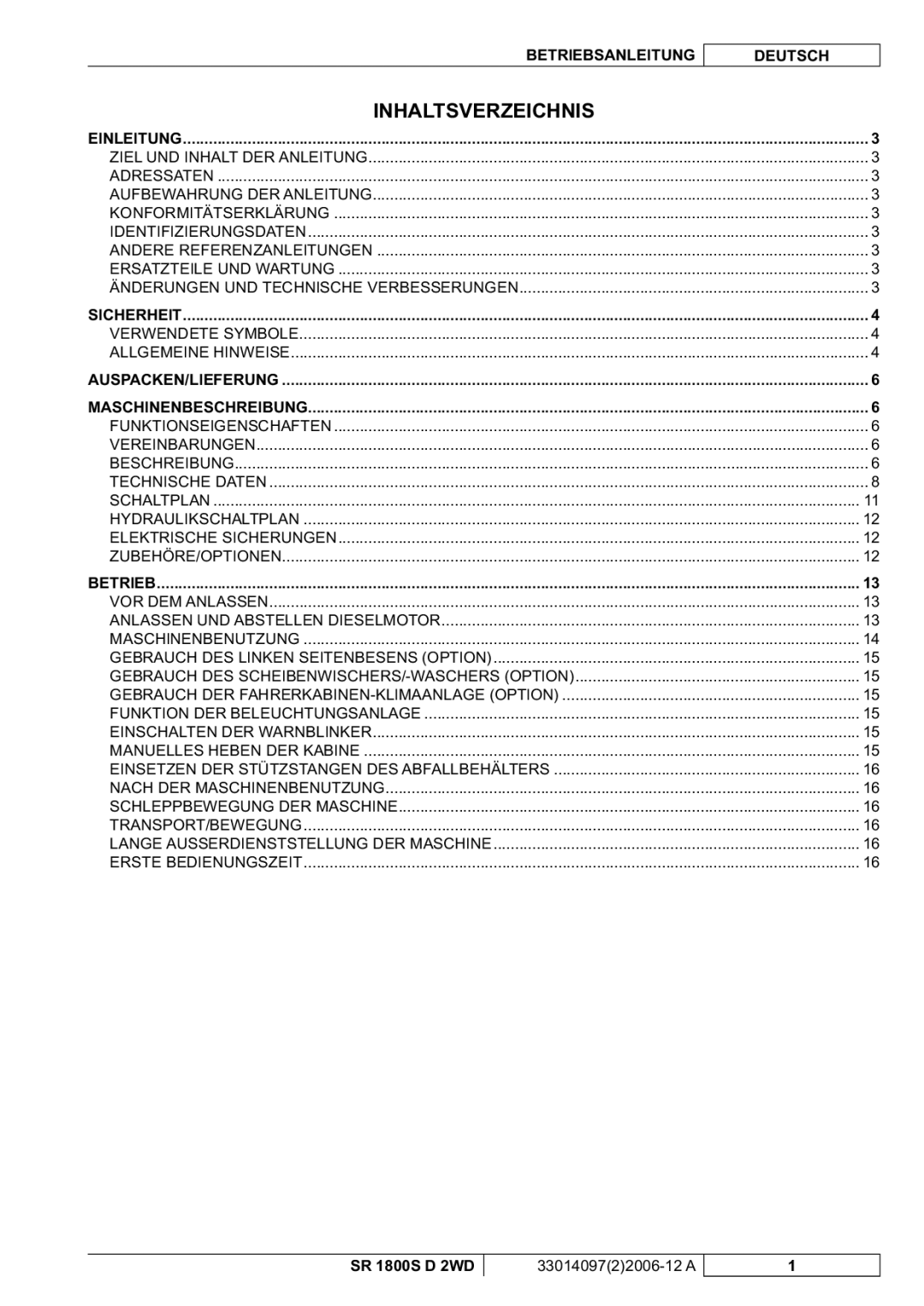 Nilfisk-Advance America SR 1800S 2WD manuel dutilisation Inhaltsverzeichnis, Einleitung 