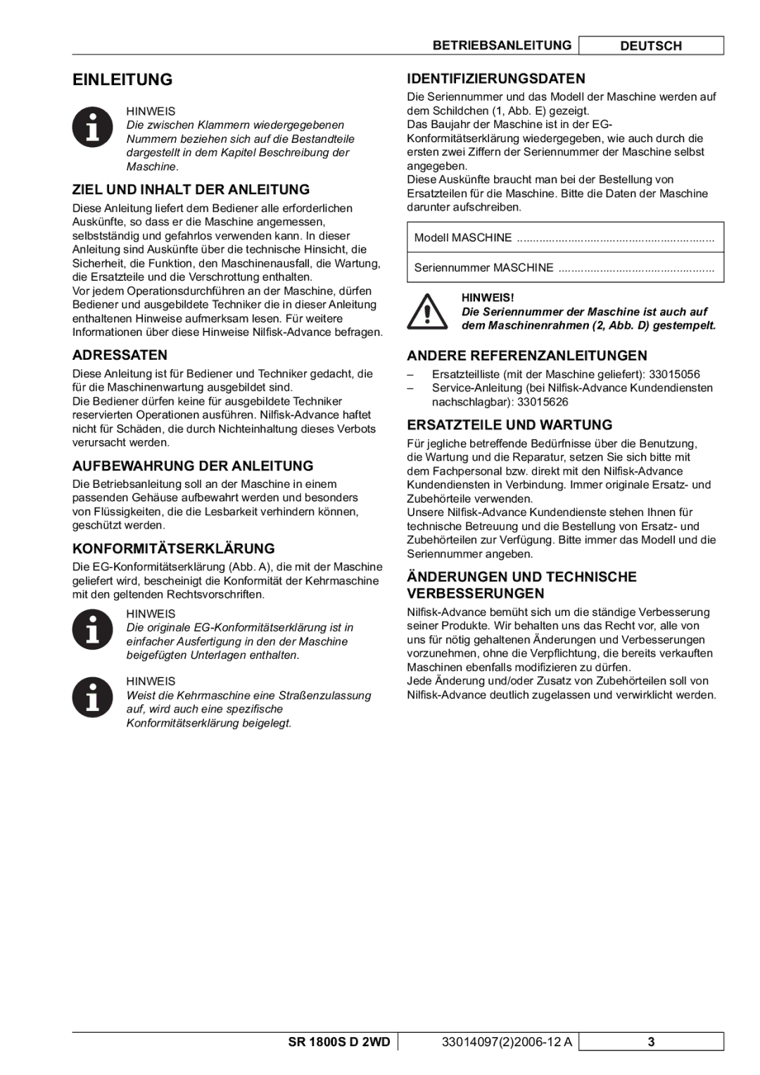 Nilfisk-Advance America SR 1800S 2WD manuel dutilisation Einleitung 