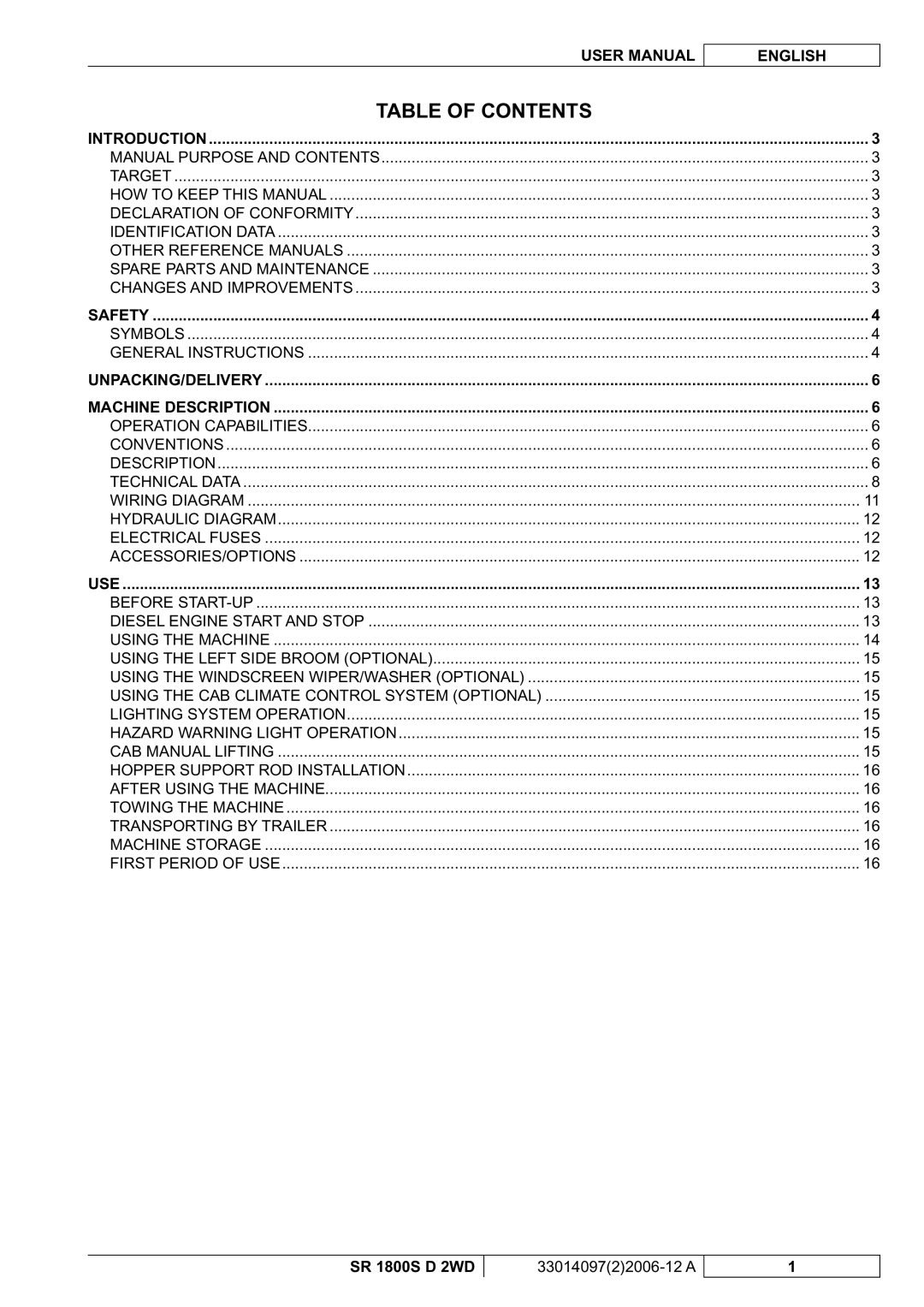 Nilfisk-Advance America SR 1800S 2WD manuel dutilisation Table of Contents 