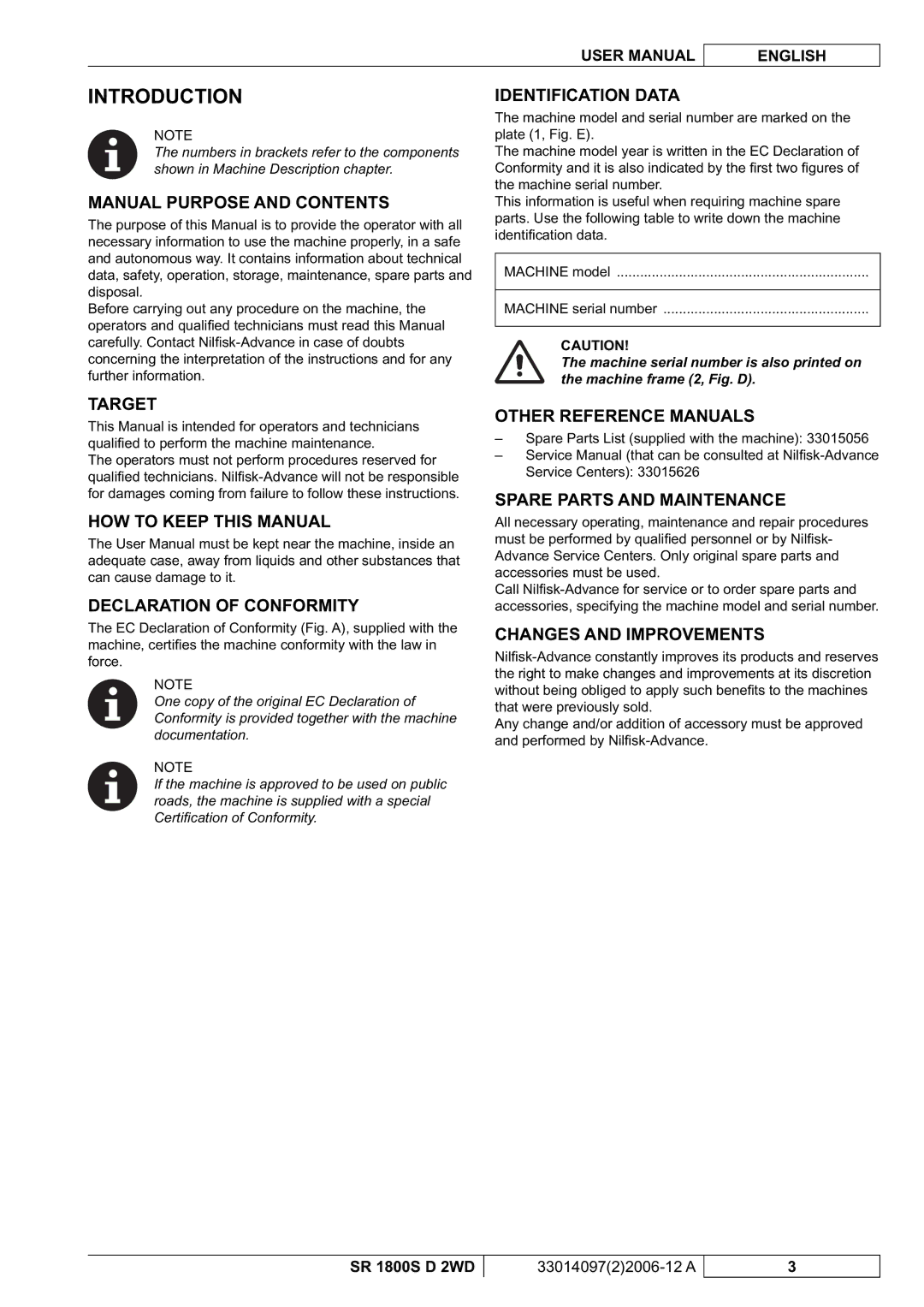 Nilfisk-Advance America SR 1800S 2WD Manual Purpose and Contents, Target, Identification Data, Other Reference Manuals 