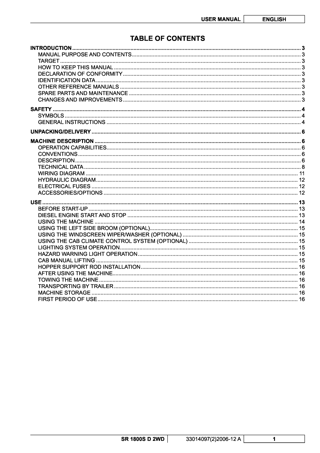 Nilfisk-Advance America SR 1800S 2WD manuel dutilisation Table Of Contents, User Manual, English, SR 1800S D 2WD 