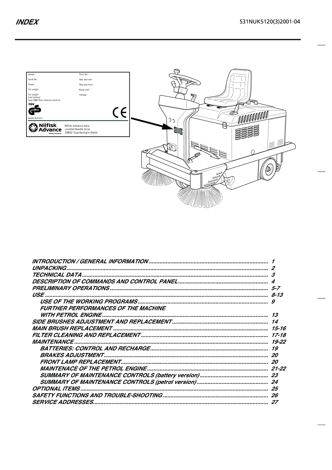 Nilfisk-Advance America SR 5110 P/B, SR 5120 P/B, SR 1200 P/B, SR 1100 P/B manual Index, S31NUK512032001-04 