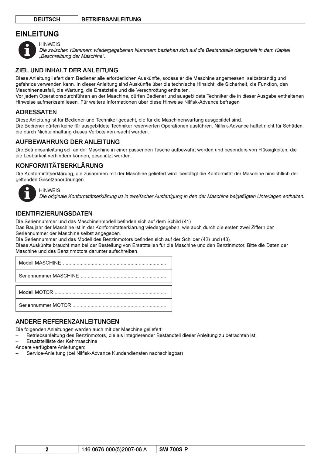 Nilfisk-Advance America SW 700S P manuel dutilisation Einleitung 