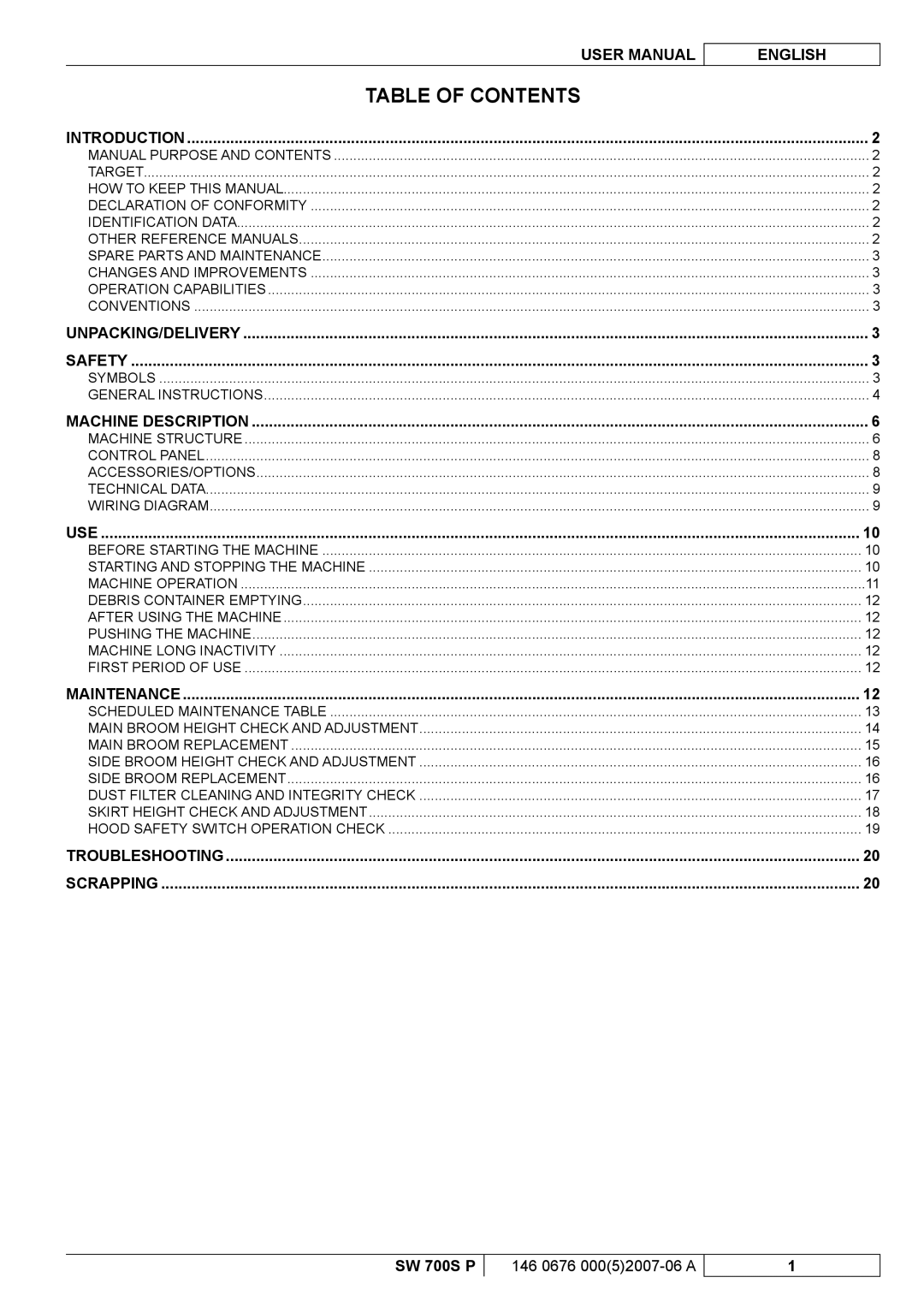 Nilfisk-Advance America SW 700S P manuel dutilisation Table of Contents 