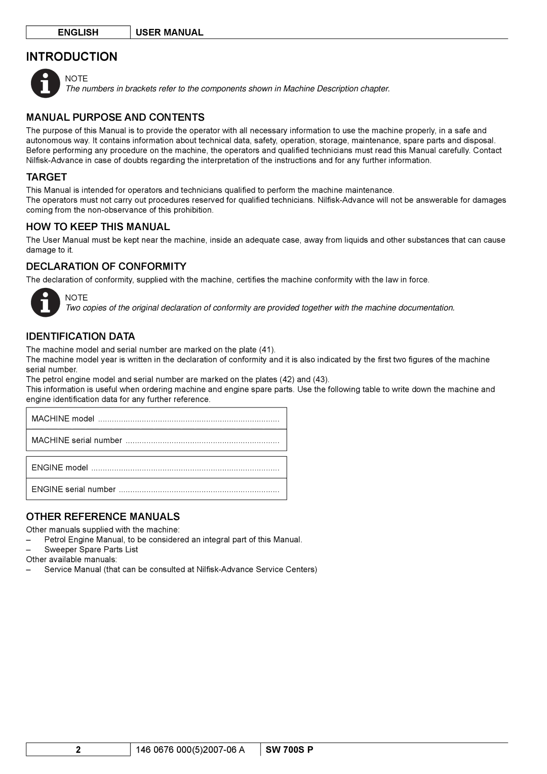 Nilfisk-Advance America SW 700S P Manual Purpose and Contents, Target, HOW to Keep this Manual Declaration of Conformity 