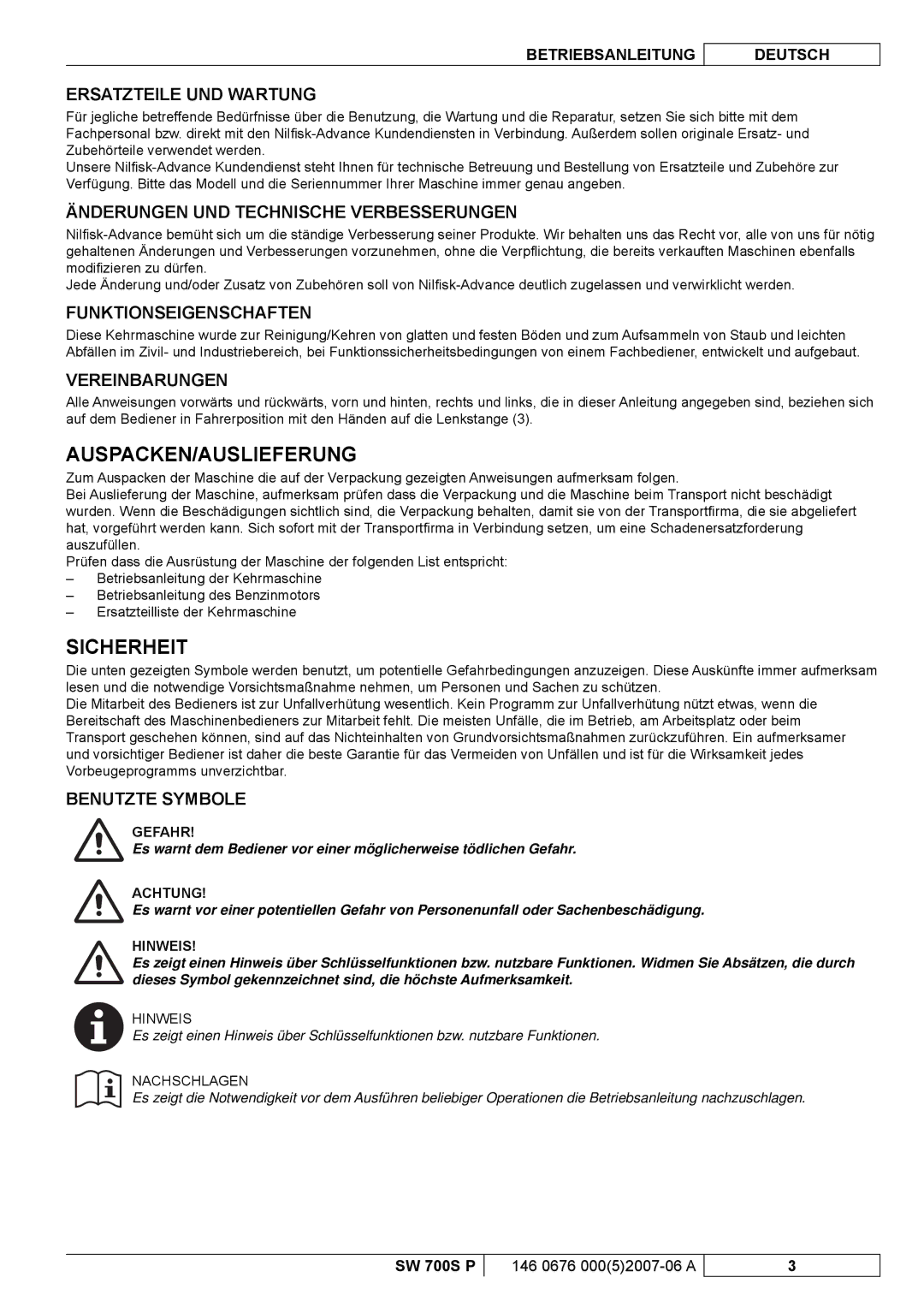 Nilfisk-Advance America SW 700S P manuel dutilisation Auspacken/Auslieferung, Sicherheit 