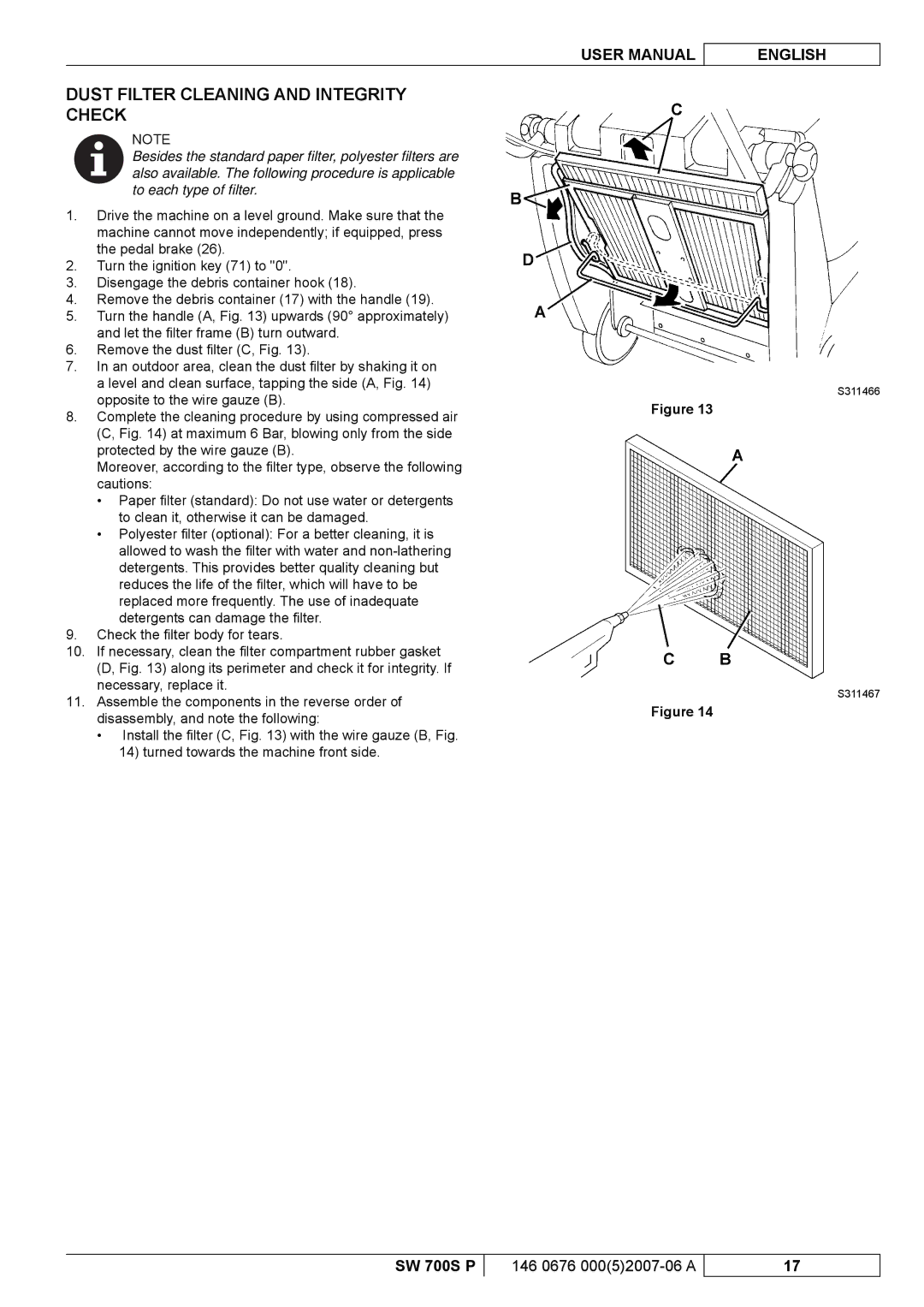 Nilfisk-Advance America SW 700S P manuel dutilisation Dust Filter Cleaning and Integrity Check 