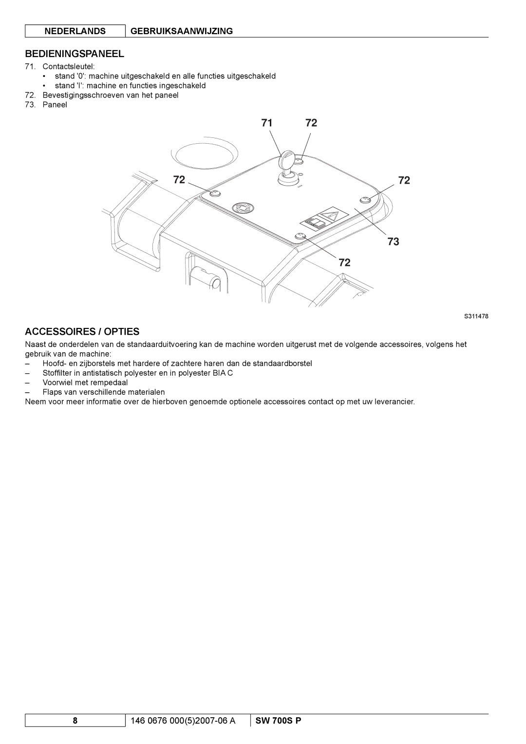 Nilfisk-Advance America SW 700S P manuel dutilisation Bedieningspaneel, Accessoires / Opties 