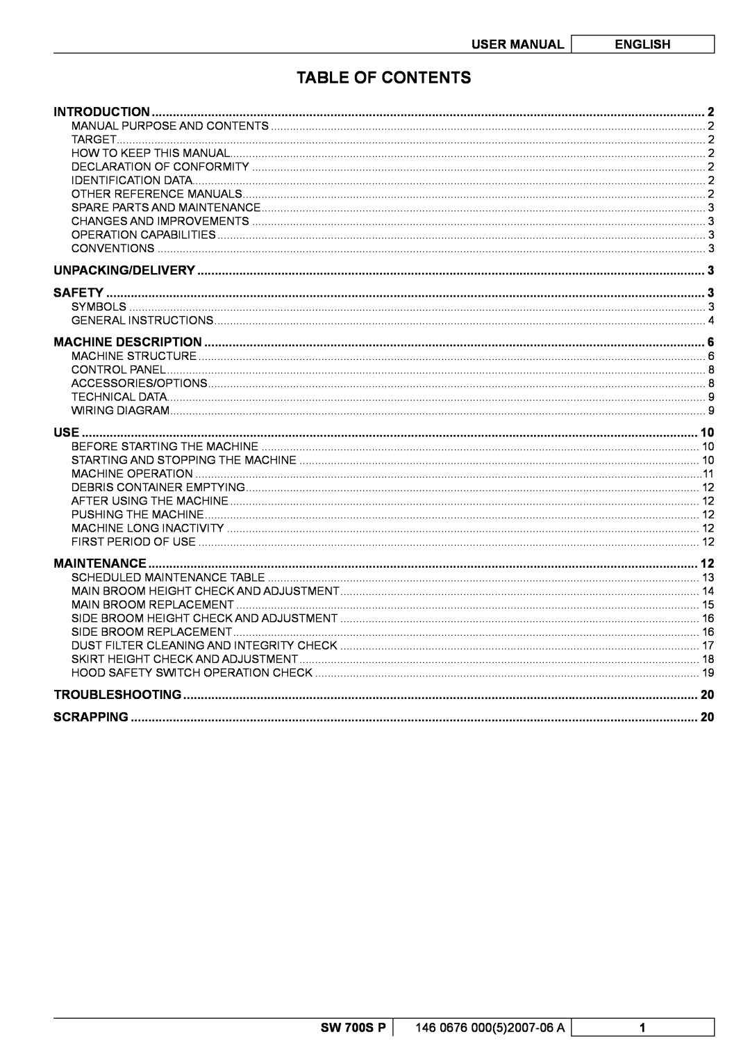 Nilfisk-Advance America SW 700S P manuel dutilisation Table Of Contents, User Manual, English 