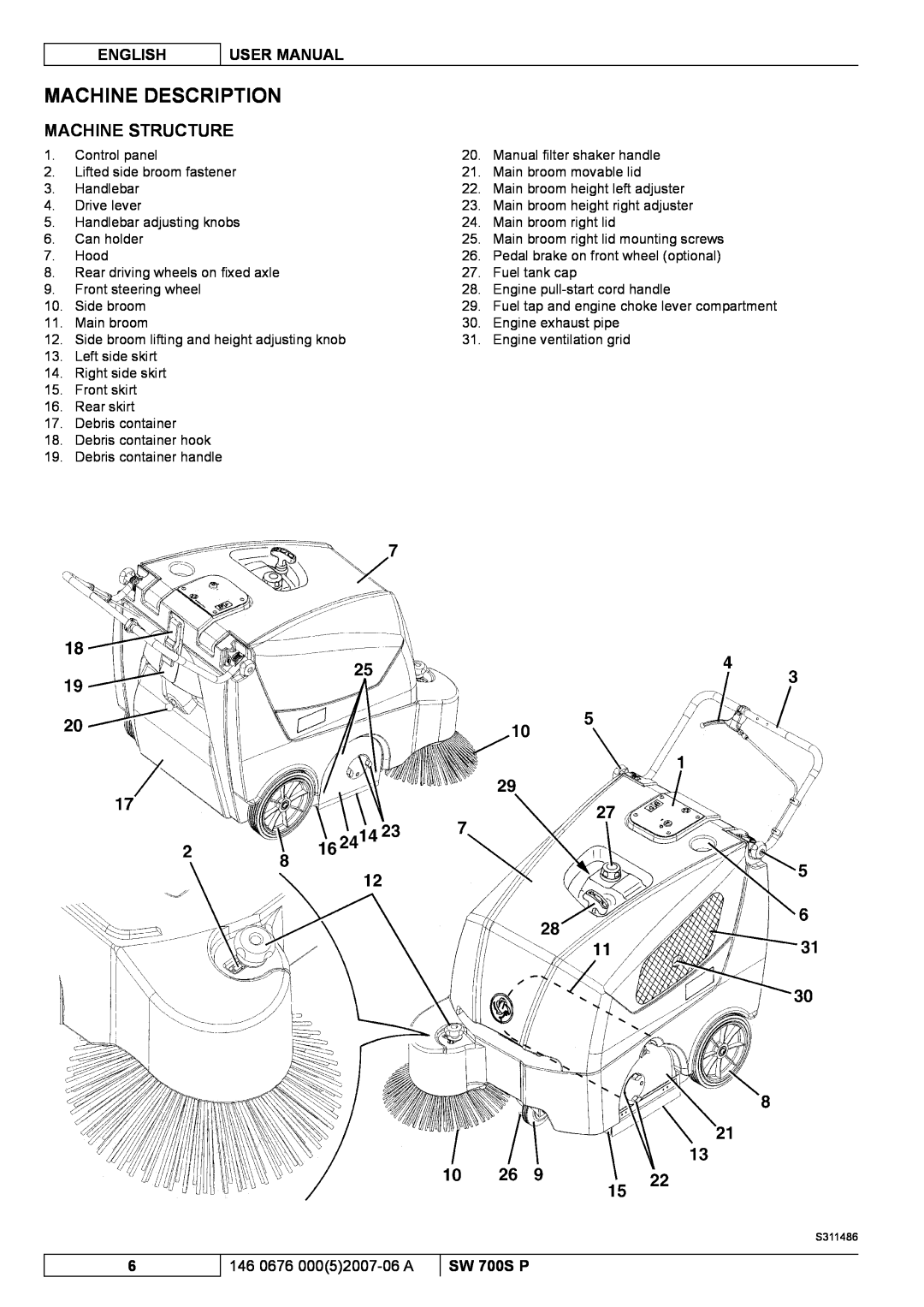 Nilfisk-Advance America SW 700S P Machine Description, Machine Structure, English, User Manual, 146 0676 00052007-06A 