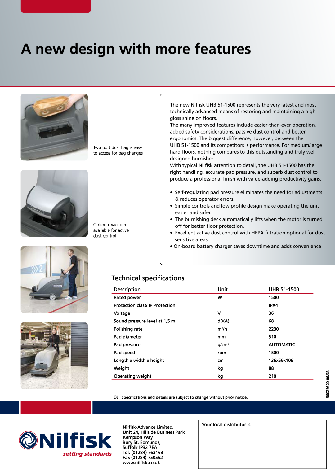 Nilfisk-Advance America UHB 51-1500 manual A new design with more features, Technical specifications 