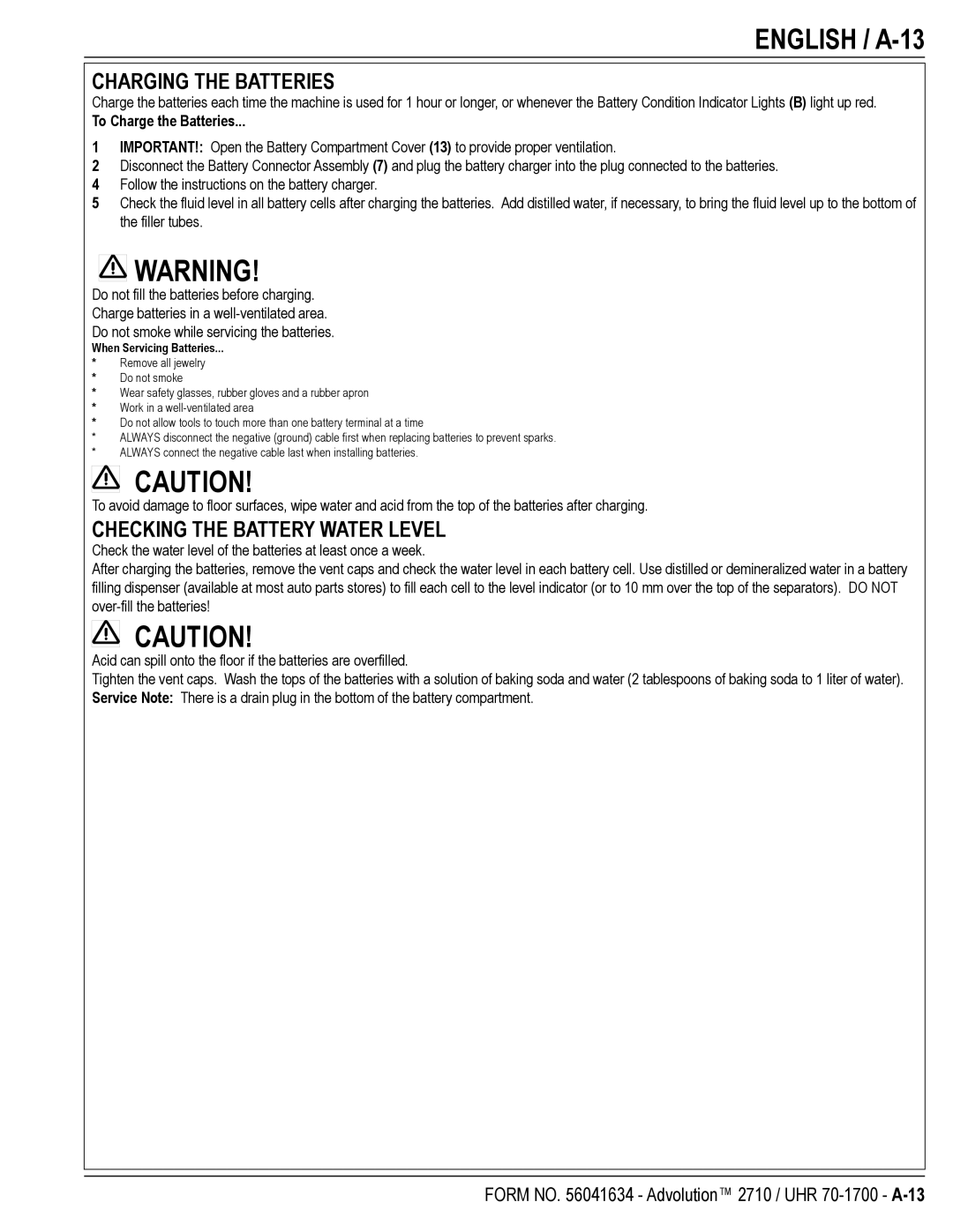 Nilfisk-Advance America 56422001, UHR 70-1700 English / A-13, Charging the Batteries, Checking the Battery Water Level 