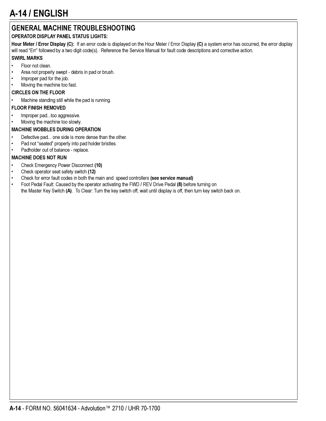 Nilfisk-Advance America 56422002, UHR 70-1700, 56422000, 2710, 56422001 manual 14 / English, General Machine Troubleshooting 