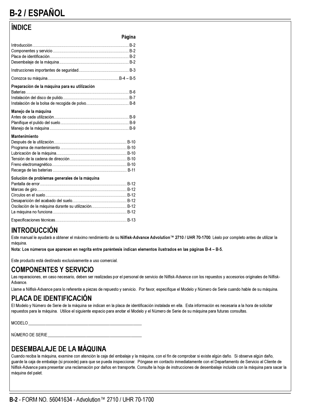 Nilfisk-Advance America 56422000, UHR 70-1700, 2710, 56422001, 56422002 manual Español 