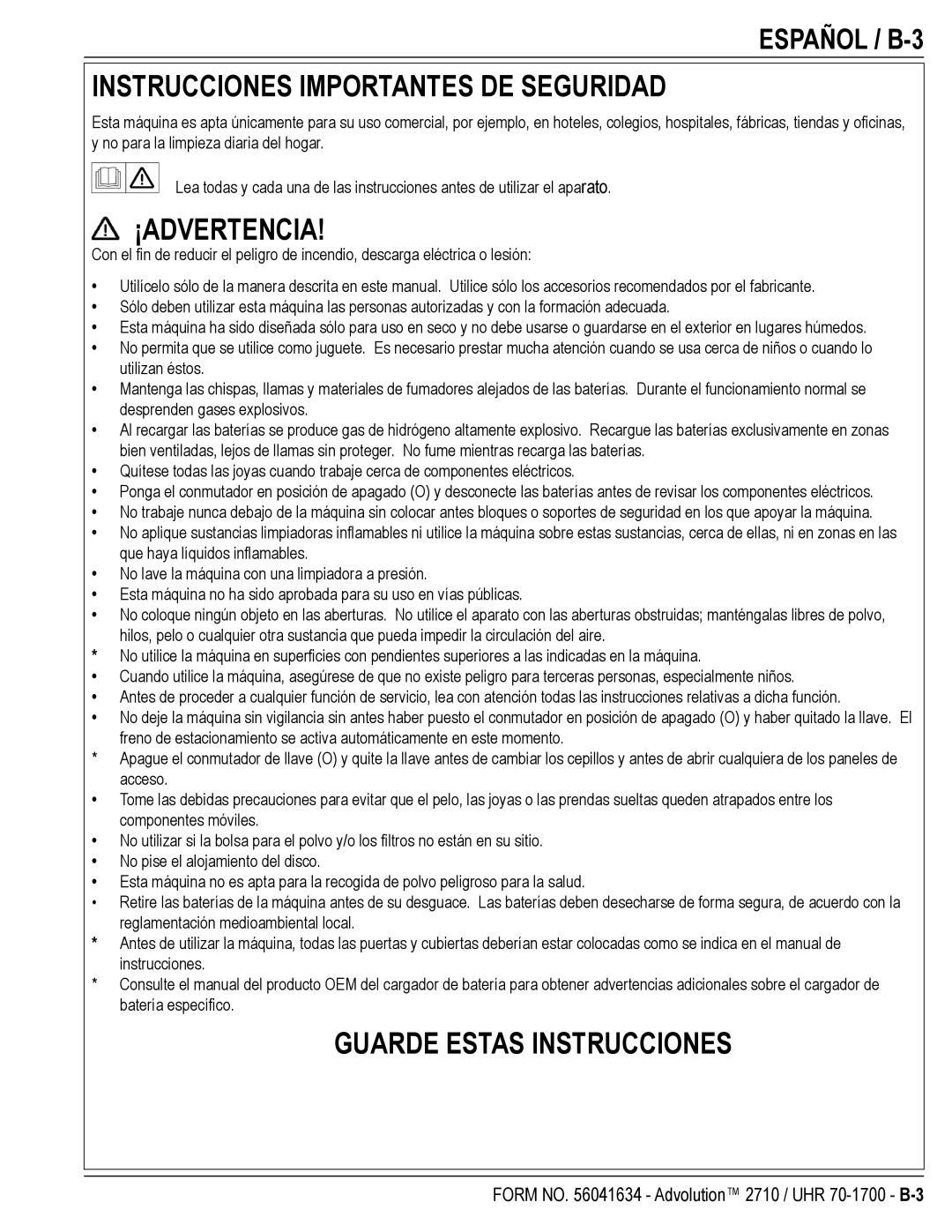 Nilfisk-Advance America 2710, UHR 70-1700, 56422000, 56422001, 56422002 Instrucciones Importantes DE Seguridad, Español / B-3 