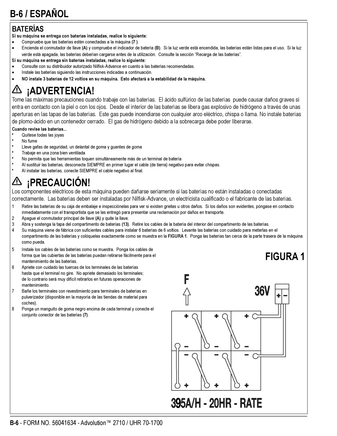 Nilfisk-Advance America UHR 70-1700, 56422000, 2710, 56422001, 56422002 manual Baterías, Cuando revise las baterías 