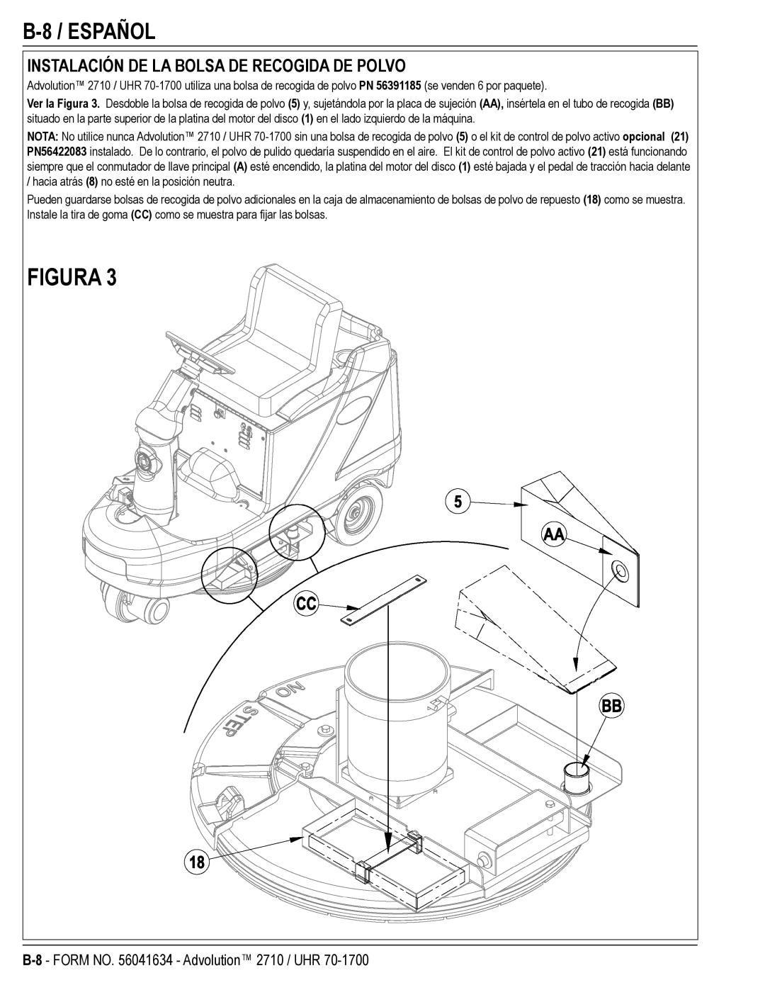 Nilfisk-Advance America 2710, UHR 70-1700, 56422000, 56422001, 56422002 manual Instalación DE LA Bolsa DE Recogida DE Polvo 