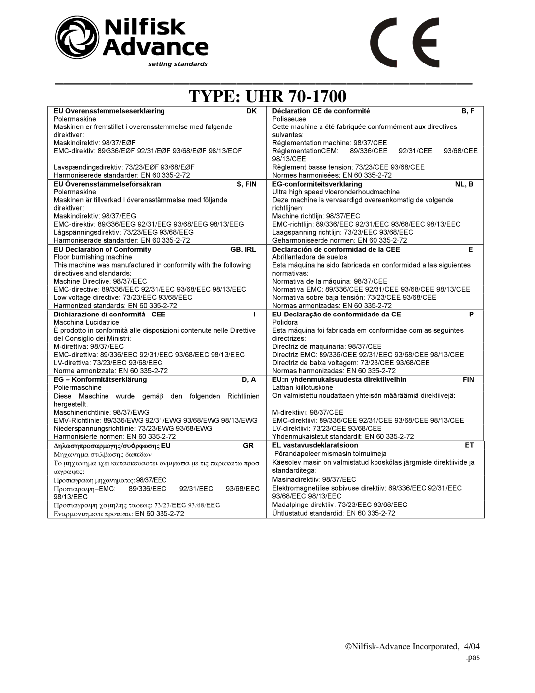 Nilfisk-Advance America 56422001, UHR 70-1700, 56422000, 2710, 56422002 manual Type UHR 