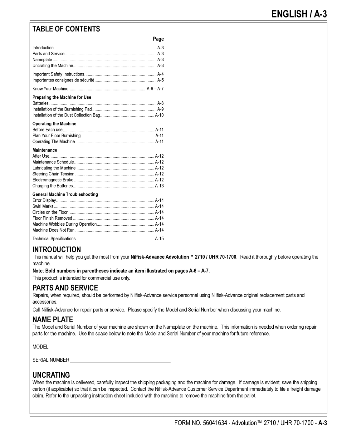 Nilfisk-Advance America 56422001, UHR 70-1700, 56422000, 2710, 56422002 manual English / A-3 