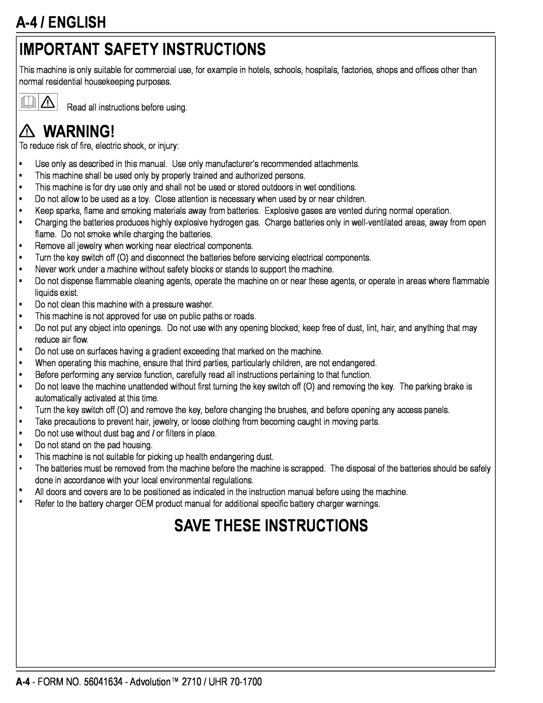 Nilfisk-Advance America 56422002, UHR 70-1700, 2710 Important Safety Instructions, Save These Instructions, A-4 / ENGLISH 